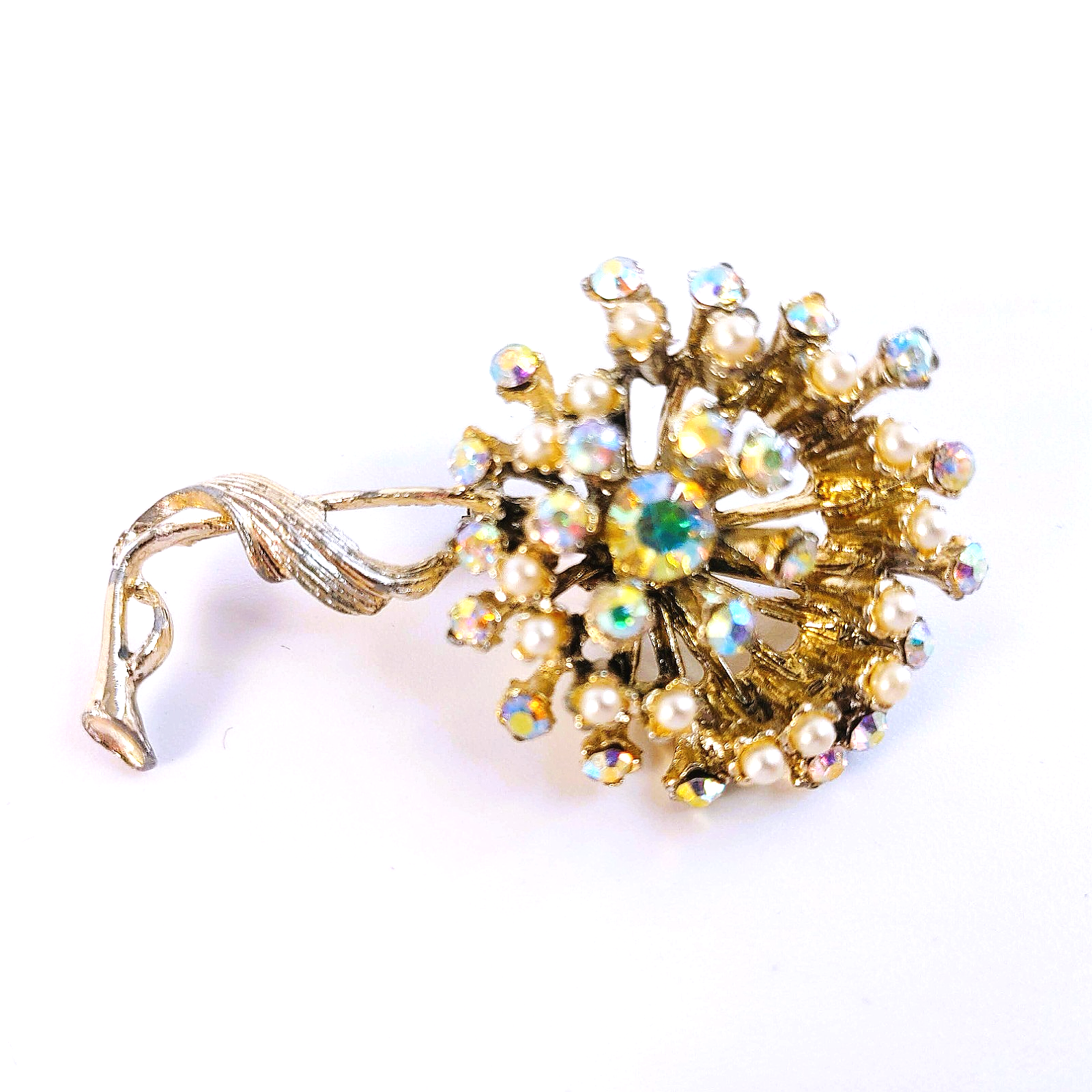 Vintage Mid-Century Aurora Borealis Rhinestone & Faux Pearl Flower Brooch