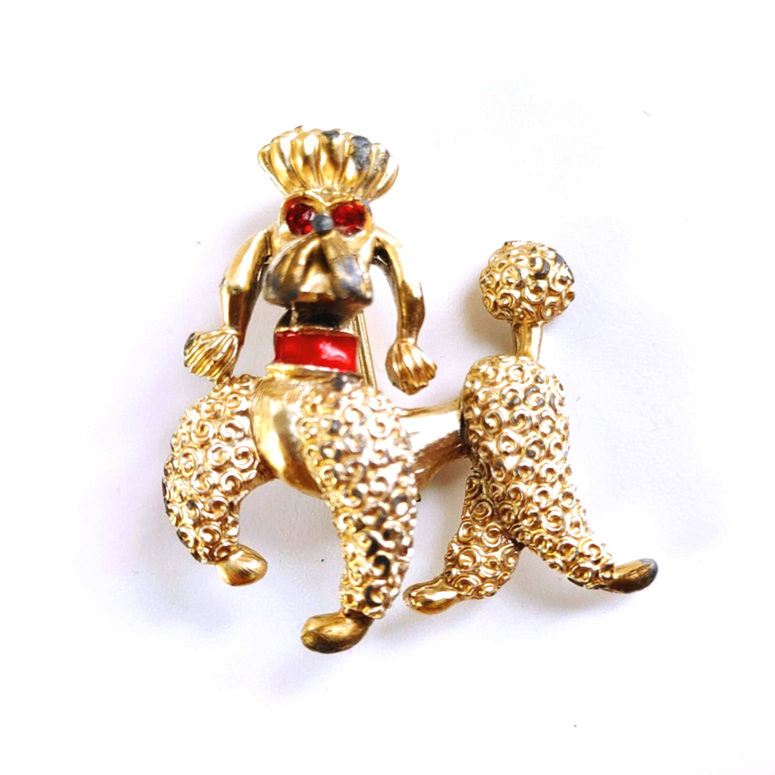 Vintage 1950s Poodle Dog Brooch Gold Tone Red Rhinestone Eyes & Collar