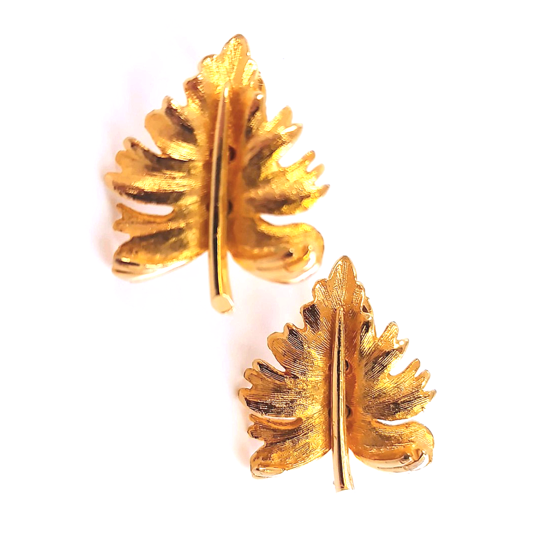 Vintage 1960s Gold Tone Leaf Clip-On Earrings Textured Botanical Mid-Century