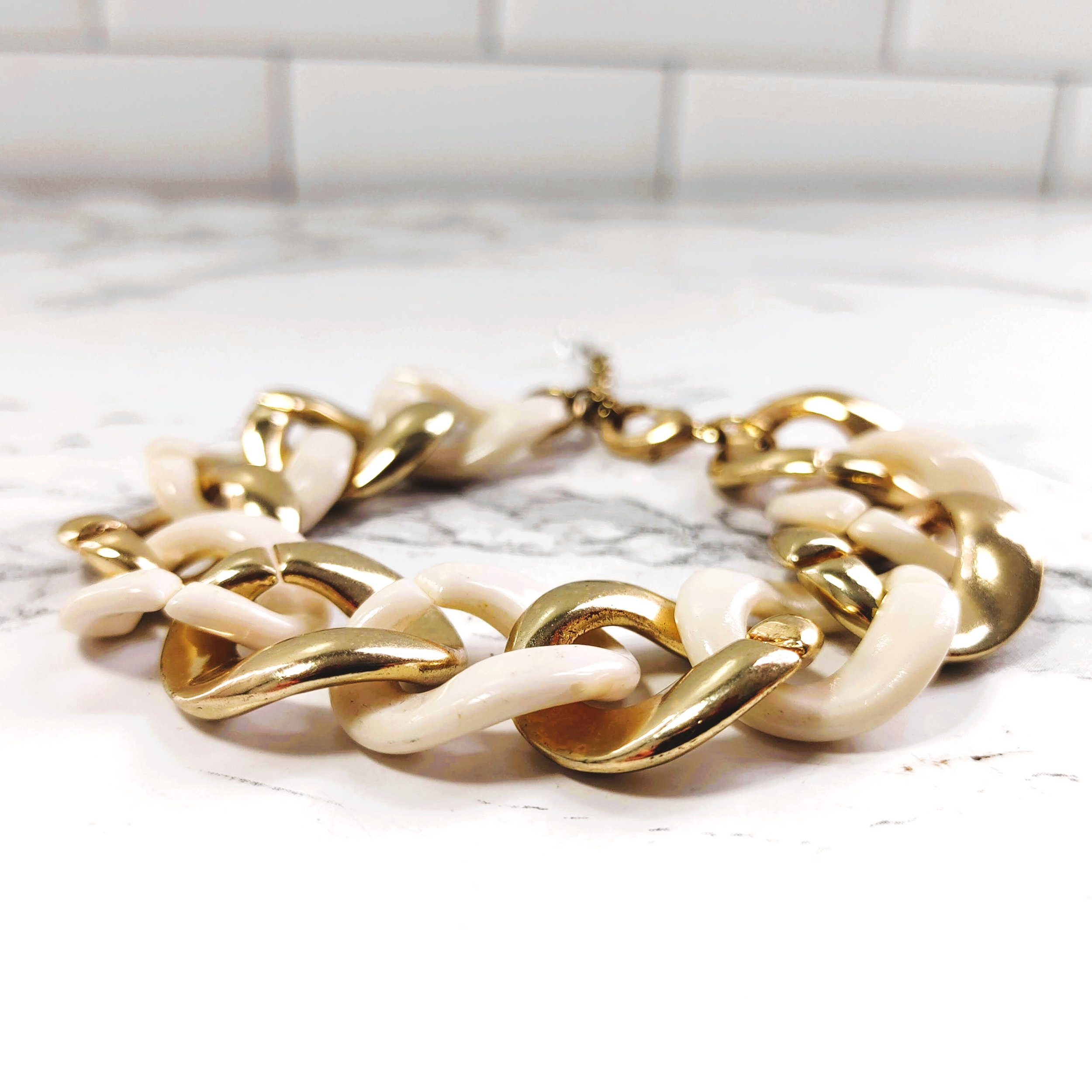 Vintage Gold & White Large Link Bracelet