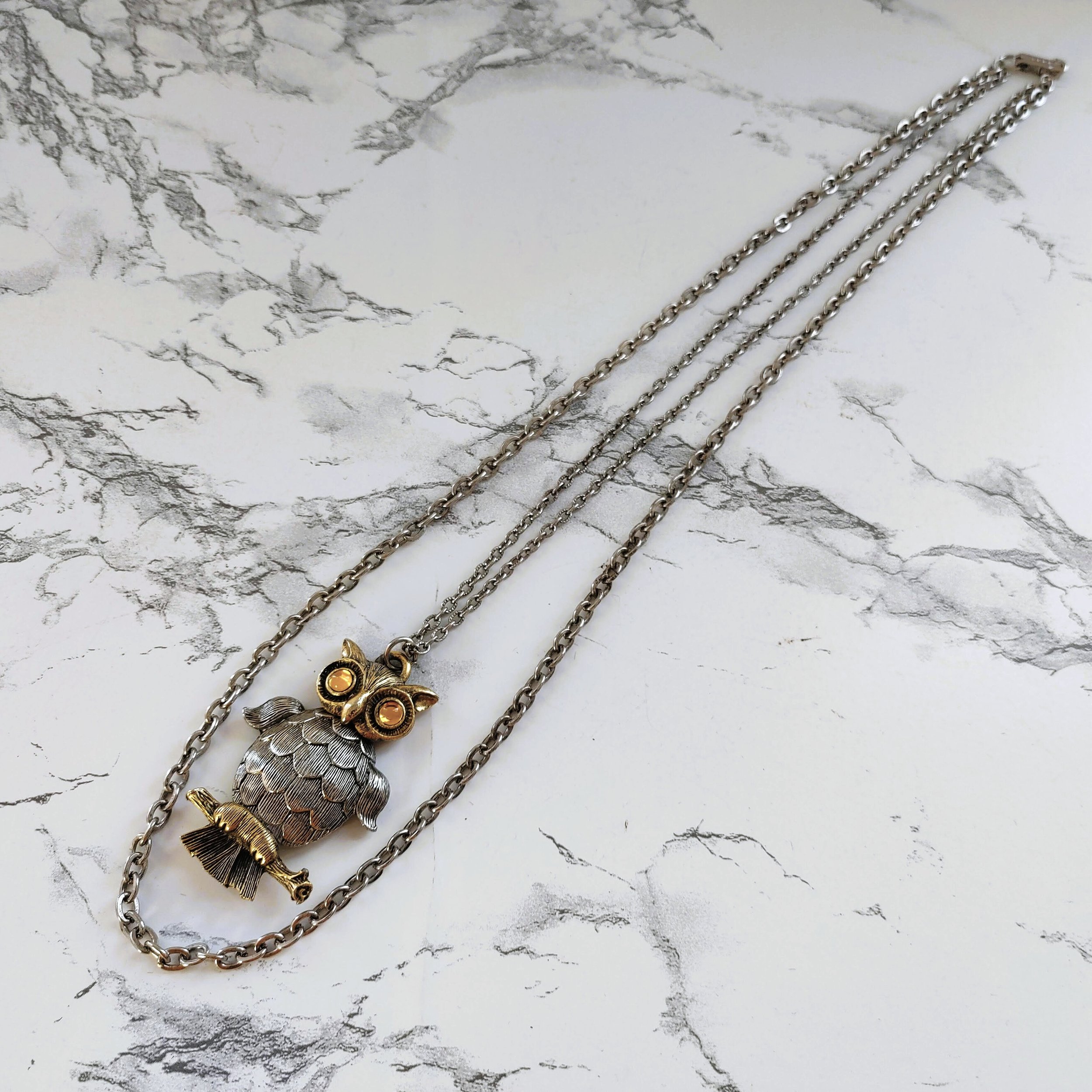 Vintage Articulated Owl Necklace with Two-Tone Design & Double Chain