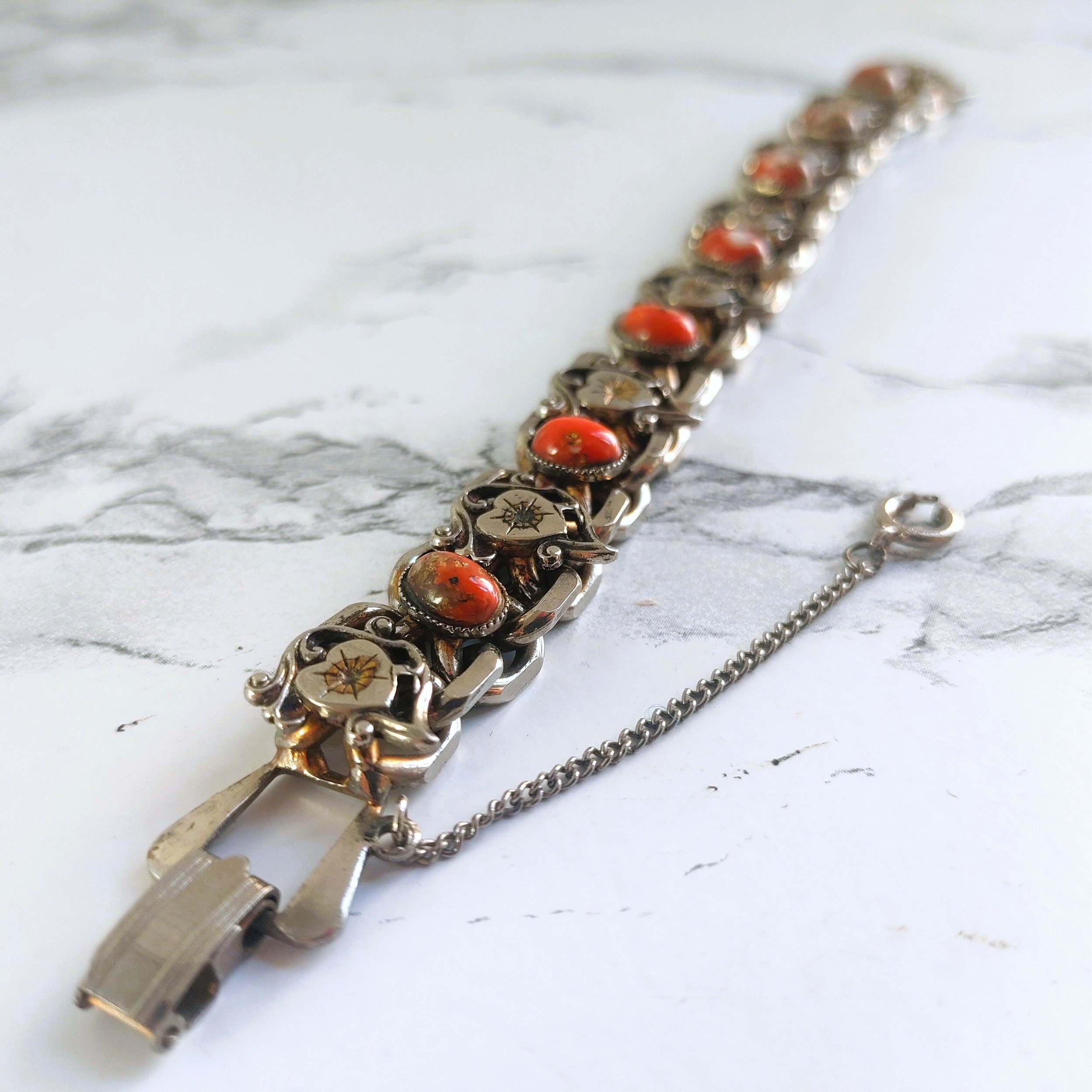 Vintage 1960s Silver Tone Bracelet - Orange Jasper & Filigree Hearts