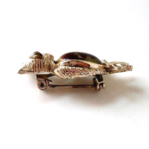 Vintage Brown Tan and Gold-tone Owl Brooch with Detailed Feathers