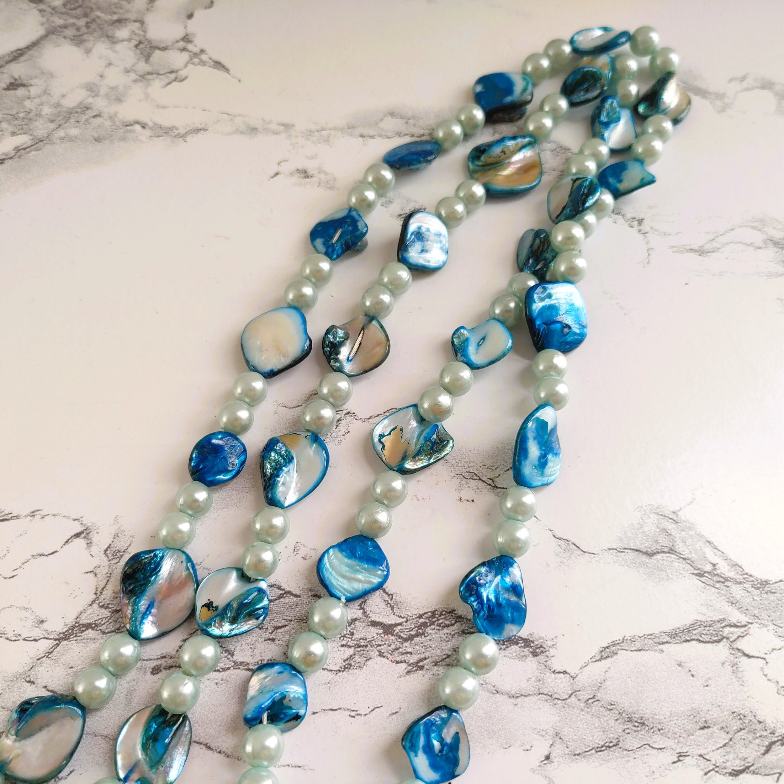 Vintage 1980s Blue-Dyed Mother-of-Pearl Necklace - Long & Versatile