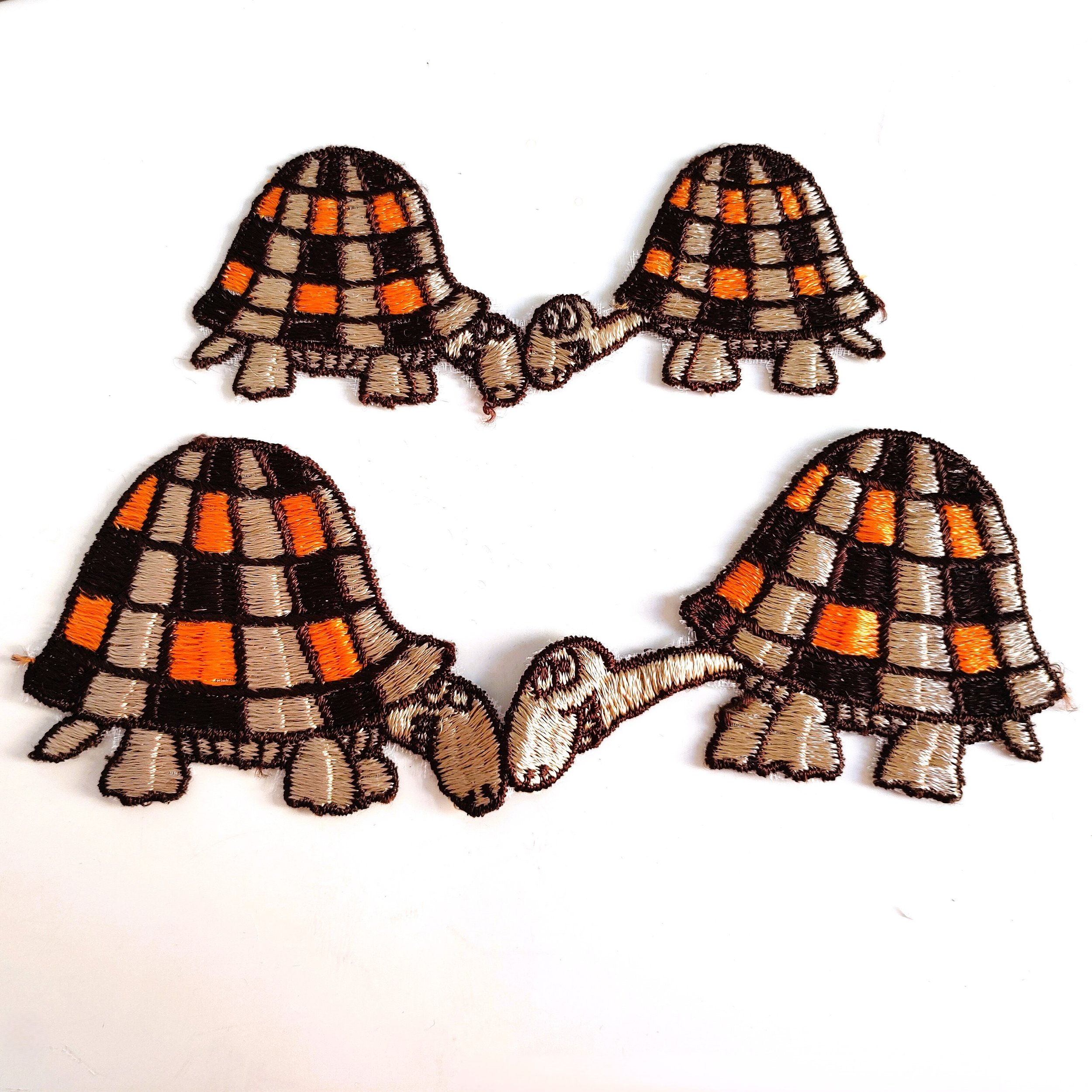 Vintage Sew On Patch Turtle Pair Brown Orange 1970s Set of 2
