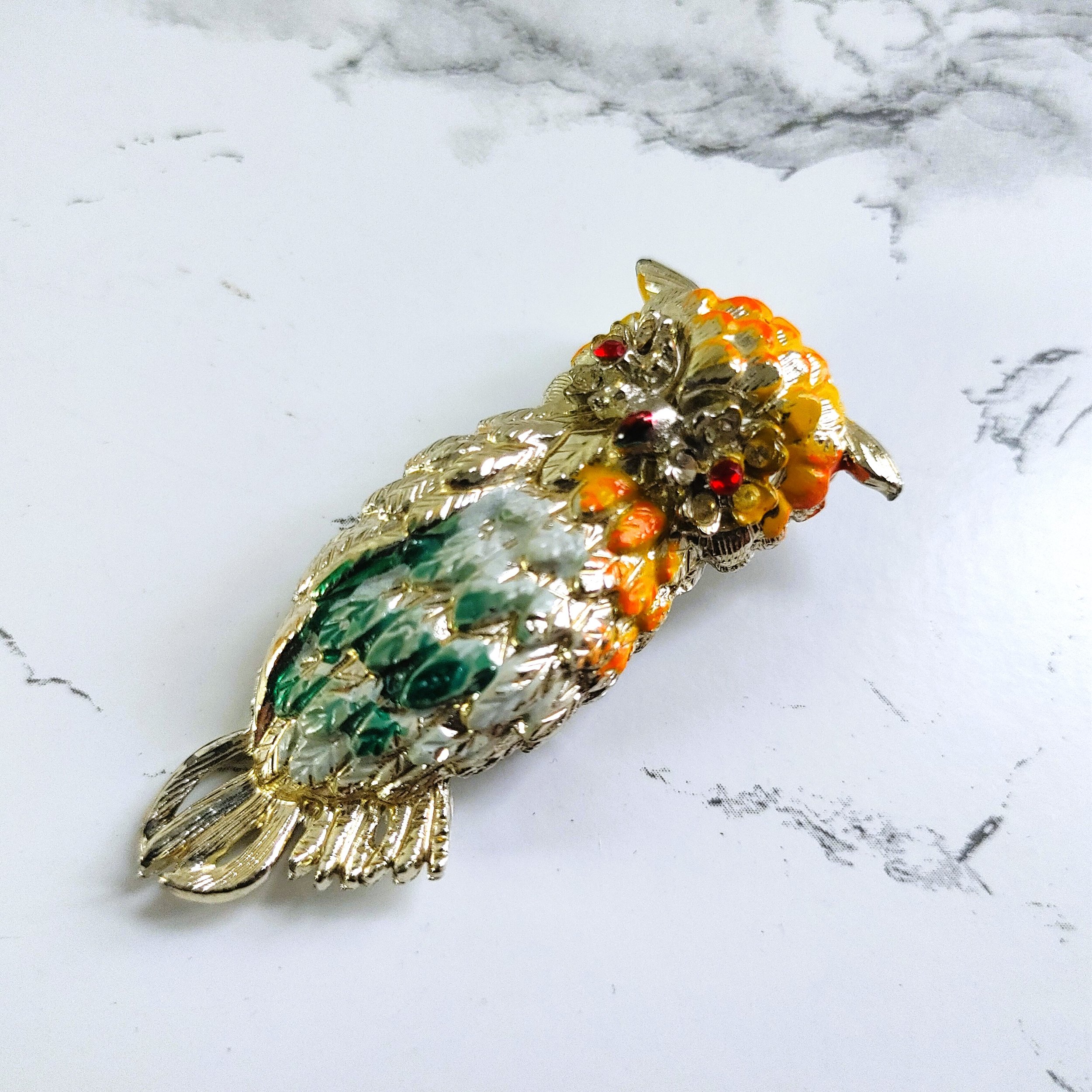 Vintage Enamel Owl Brooch - Vibrant Colors & Rhinestone Eyes