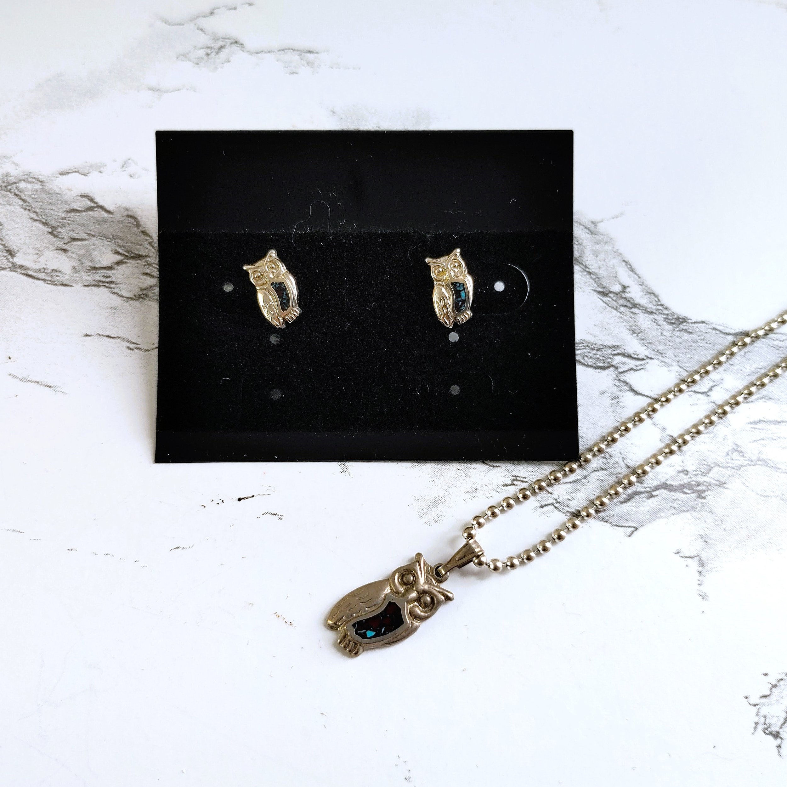 Vintage Owl Turquoise and Silver Earrings and Necklace Set
