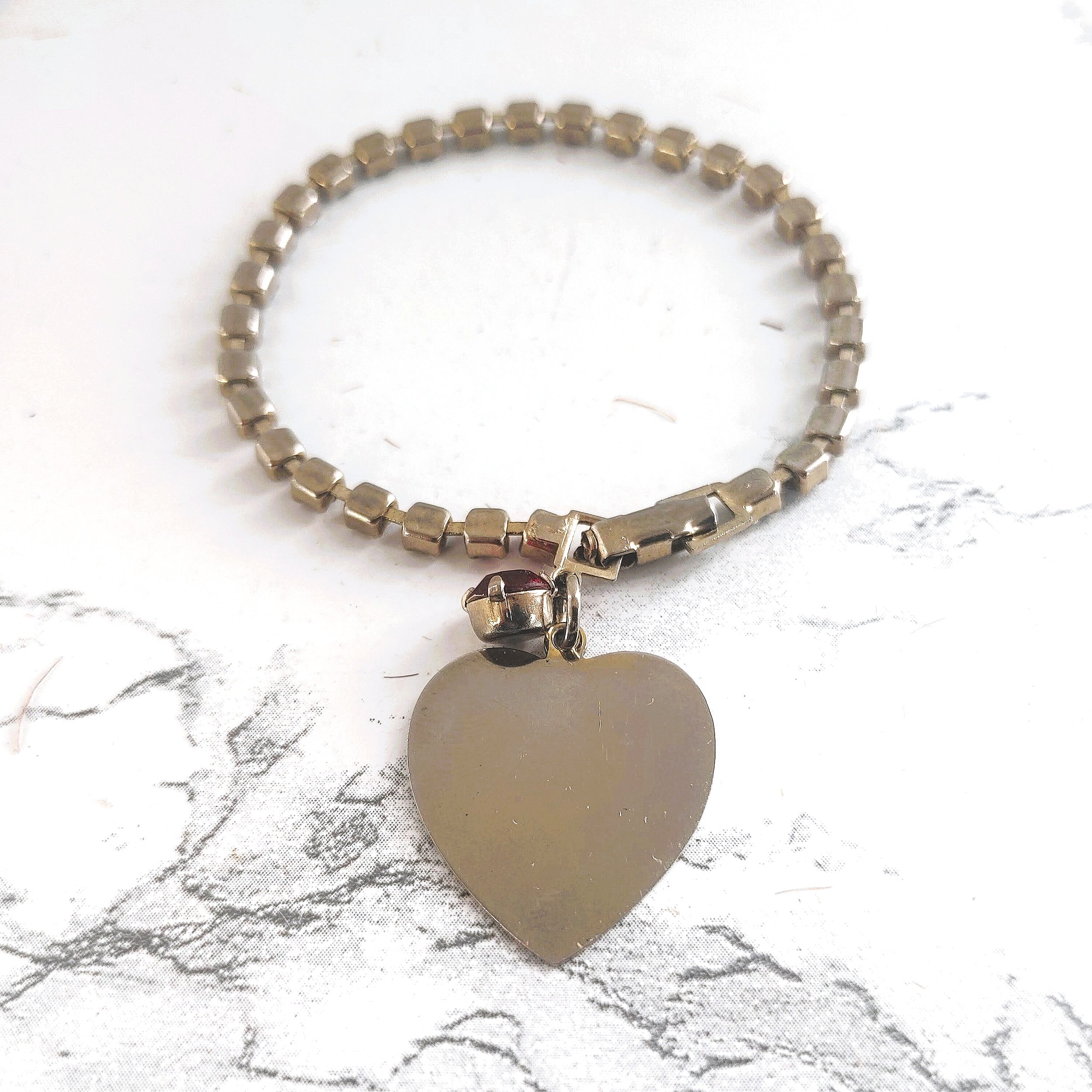 Vintage Red Rhinestone Tennis Bracelet with Silver Heart Charm