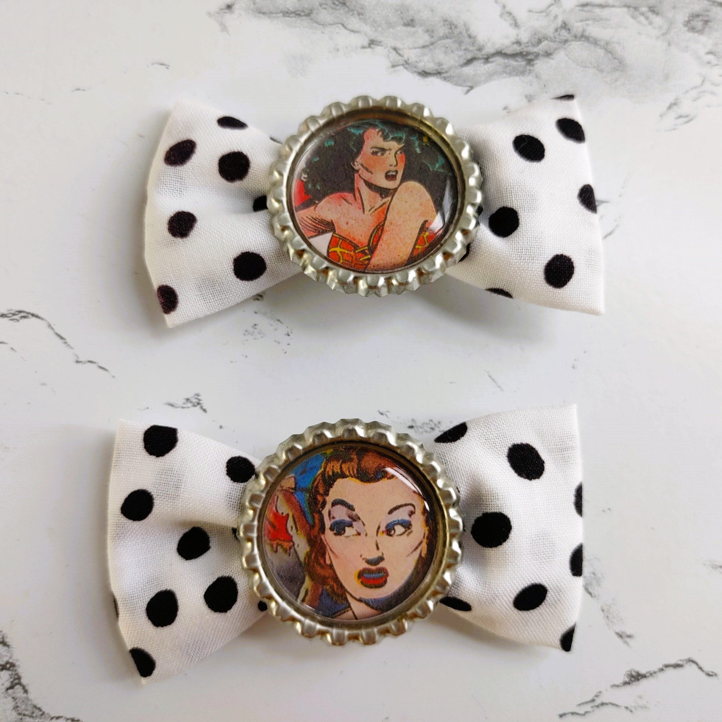 Handmade Retro Comic Book Bow Barrette Pinup Girls Bottle Cap Black & White