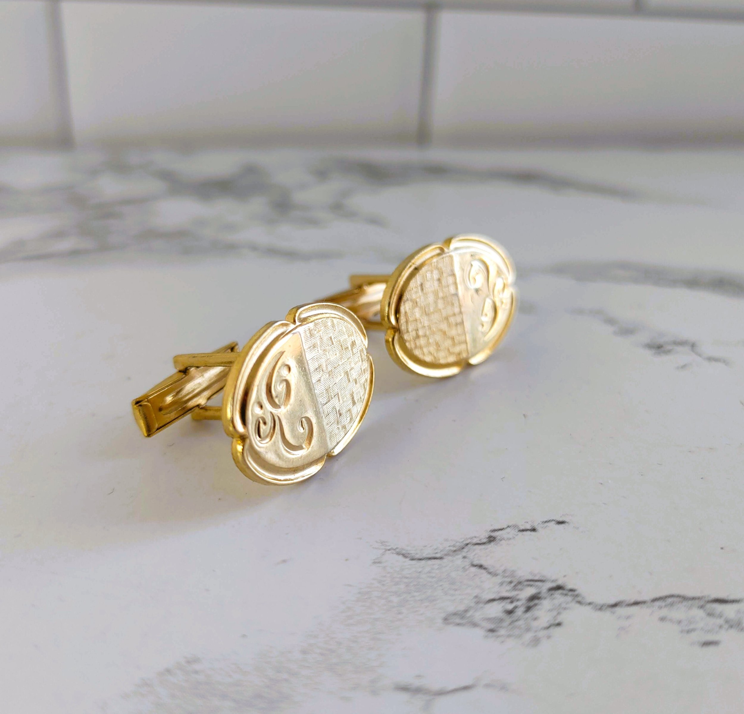 Vintage Gold-Tone Oval Cufflinks with Etched Detail - Circa 1950s