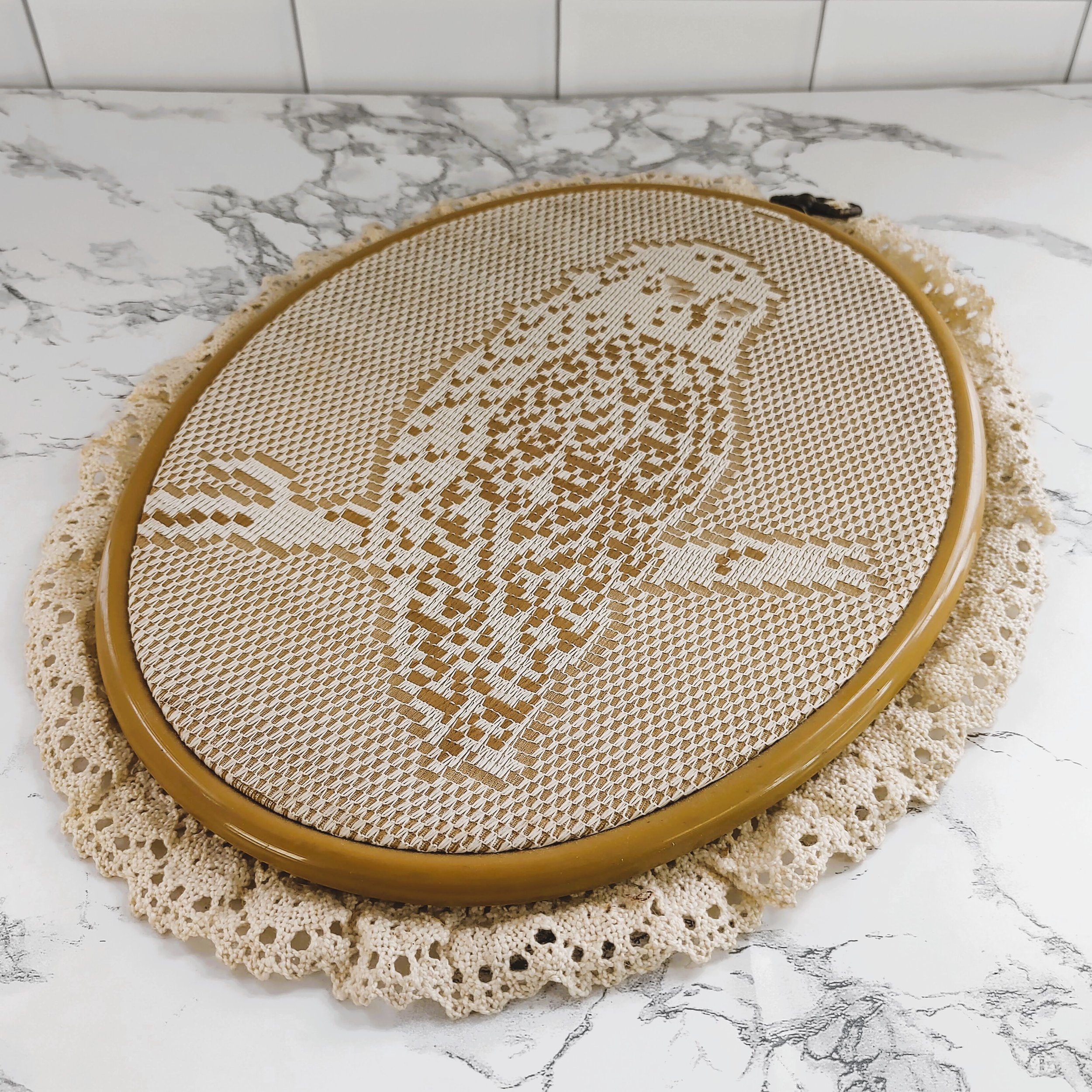 Vintage 1980s Snowy Owl Brown Fabric Plastic Hoop Wall Art