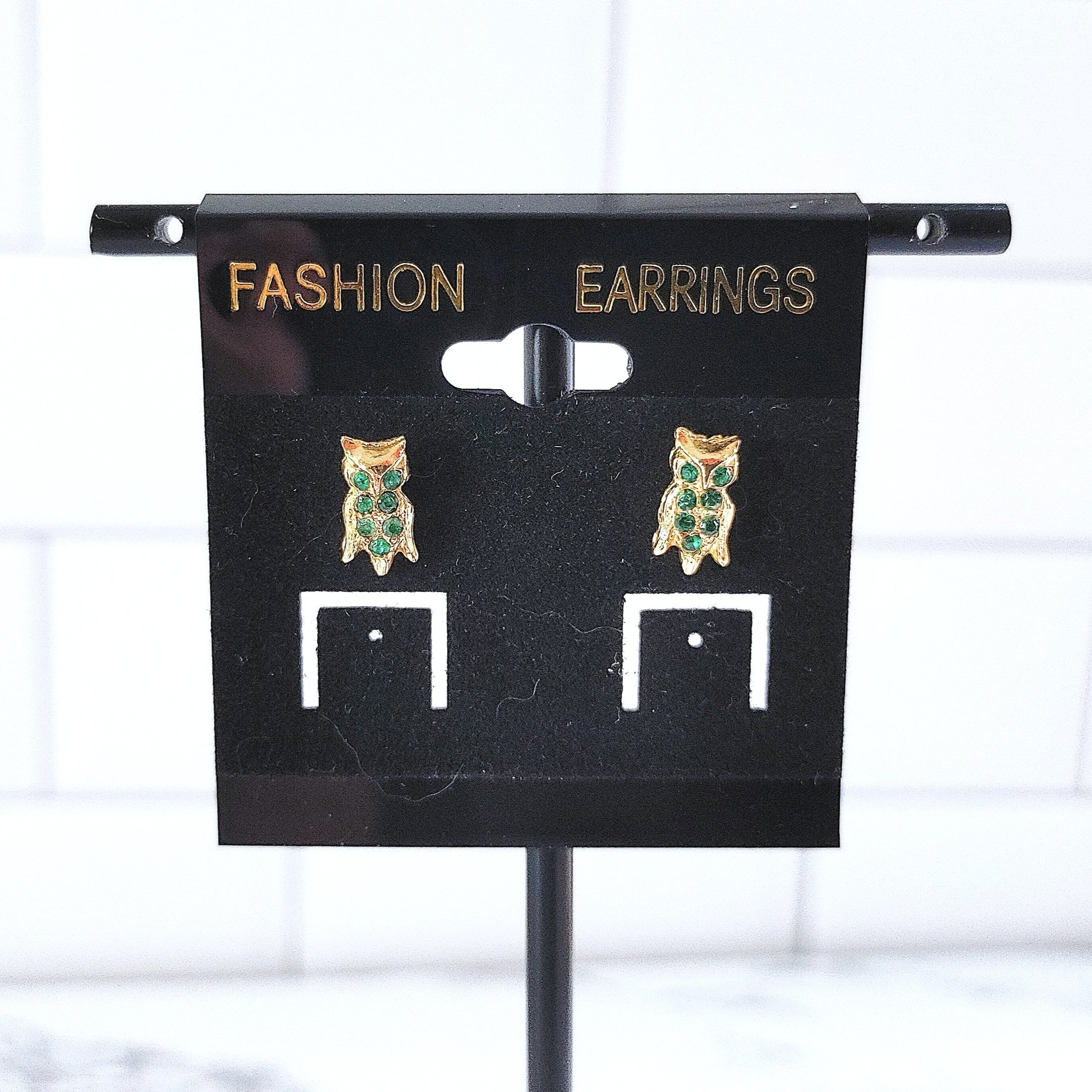 Vintage Gold Tone Owl Earrings with Green Rhinestones