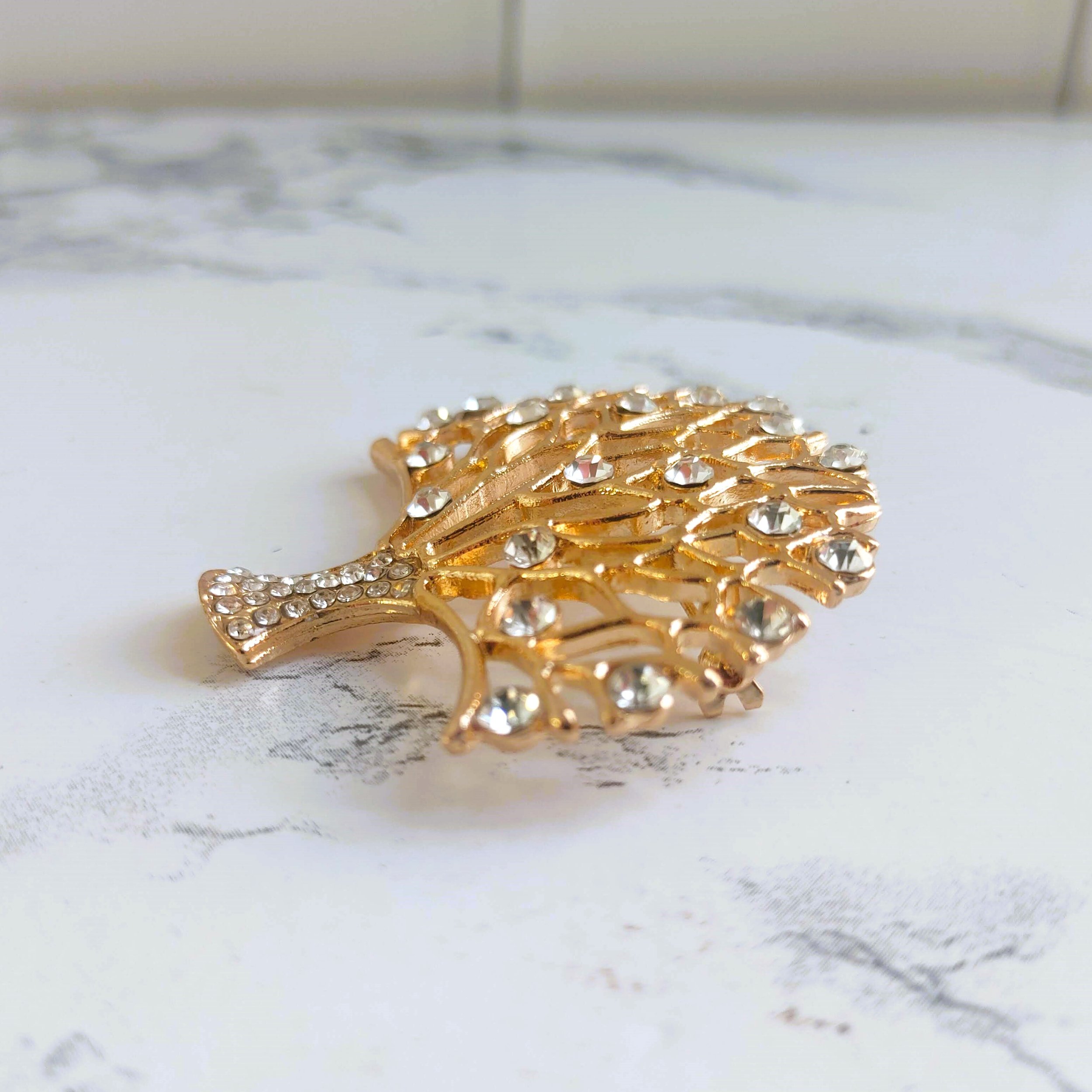 Vintage Gold Tree of Life Brooch with Clear Rhinestones