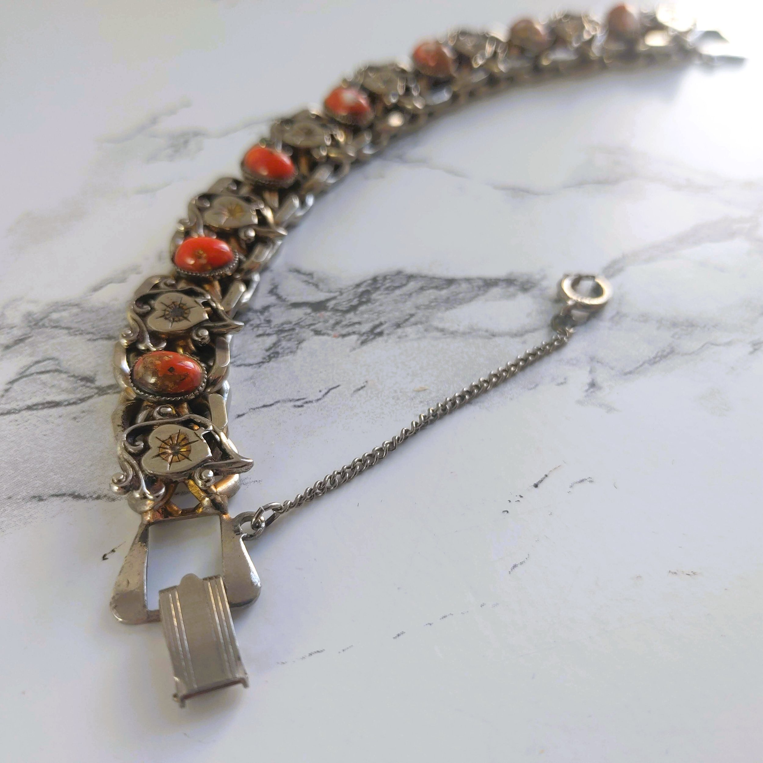 Vintage 1960s Silver Tone Bracelet - Orange Jasper & Filigree Hearts