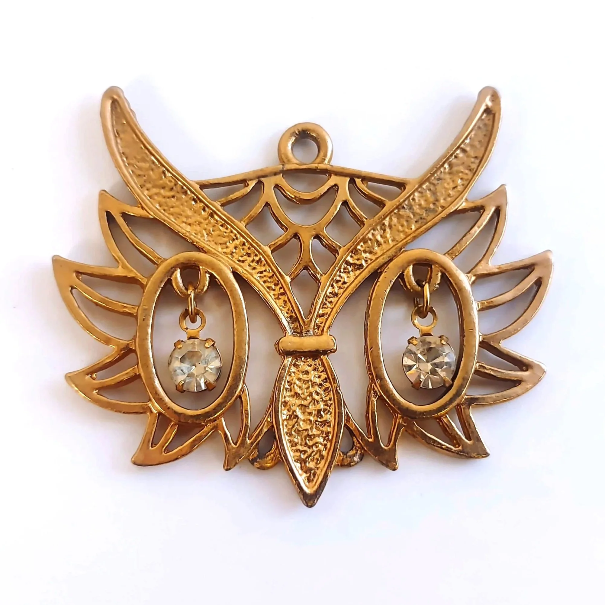 Vintage Art Deco Owl Pendant: Dangle Eyes, Gold & Rhinestones
