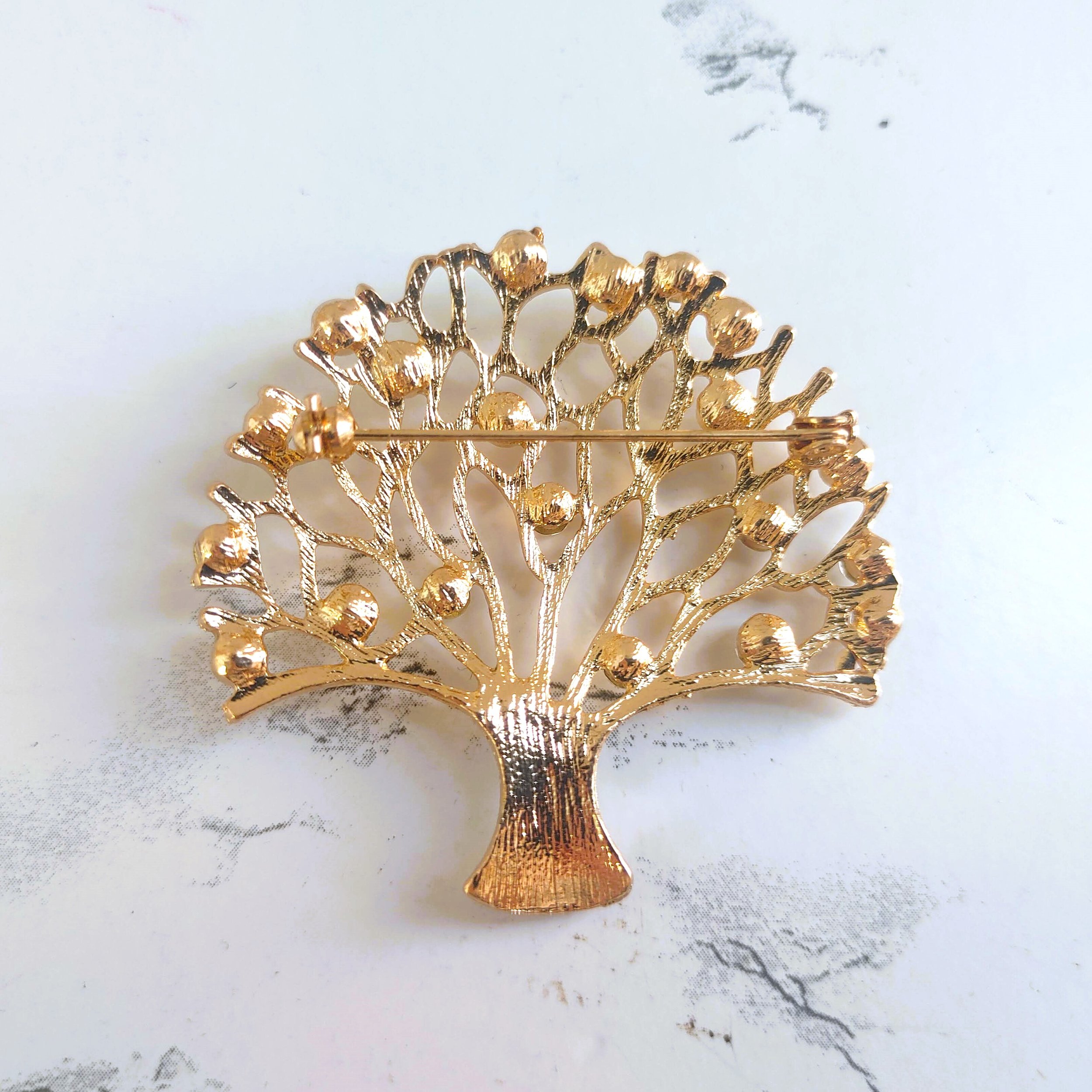 Vintage Gold Tree of Life Brooch with Clear Rhinestones