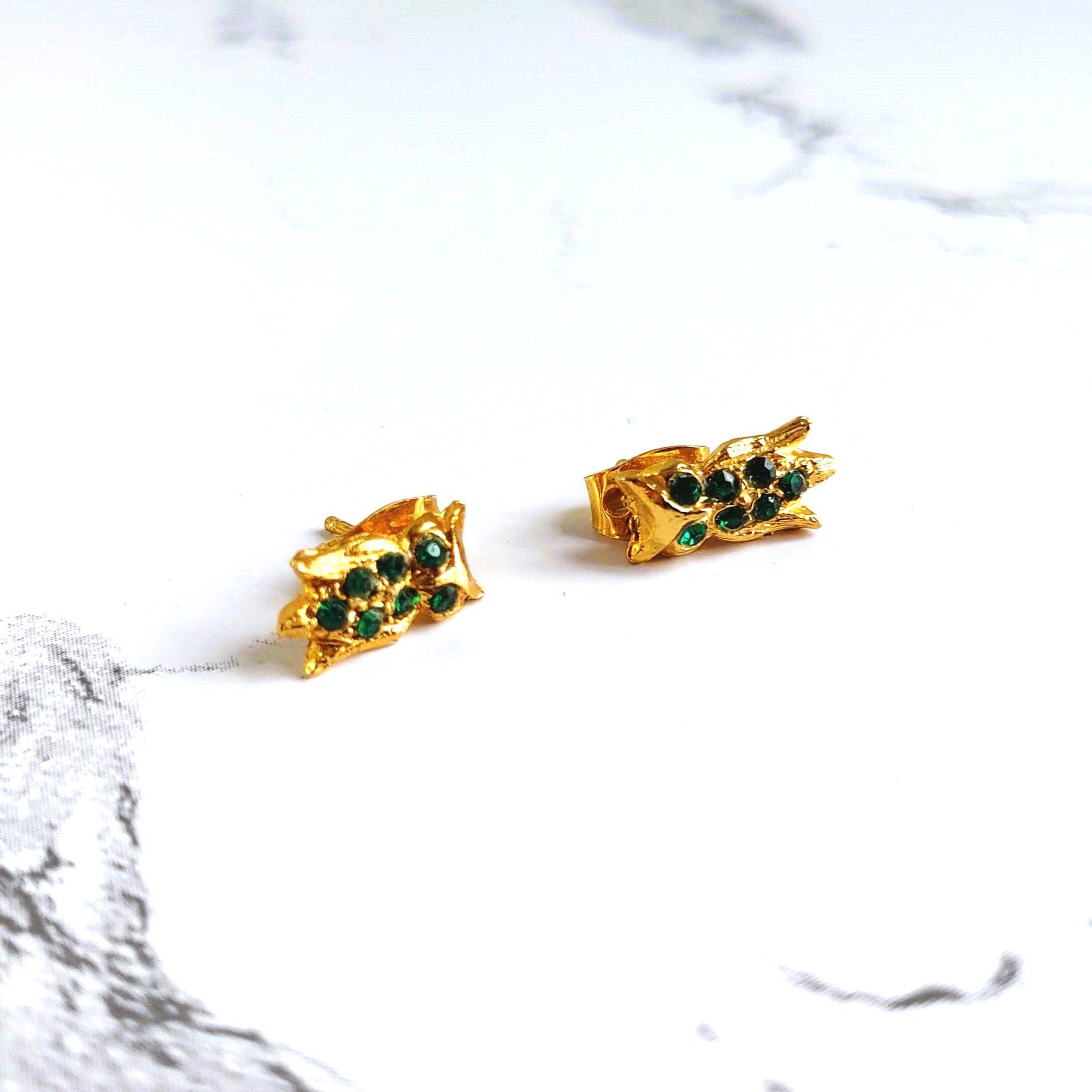 Vintage Gold Tone Owl Earrings with Green Rhinestones
