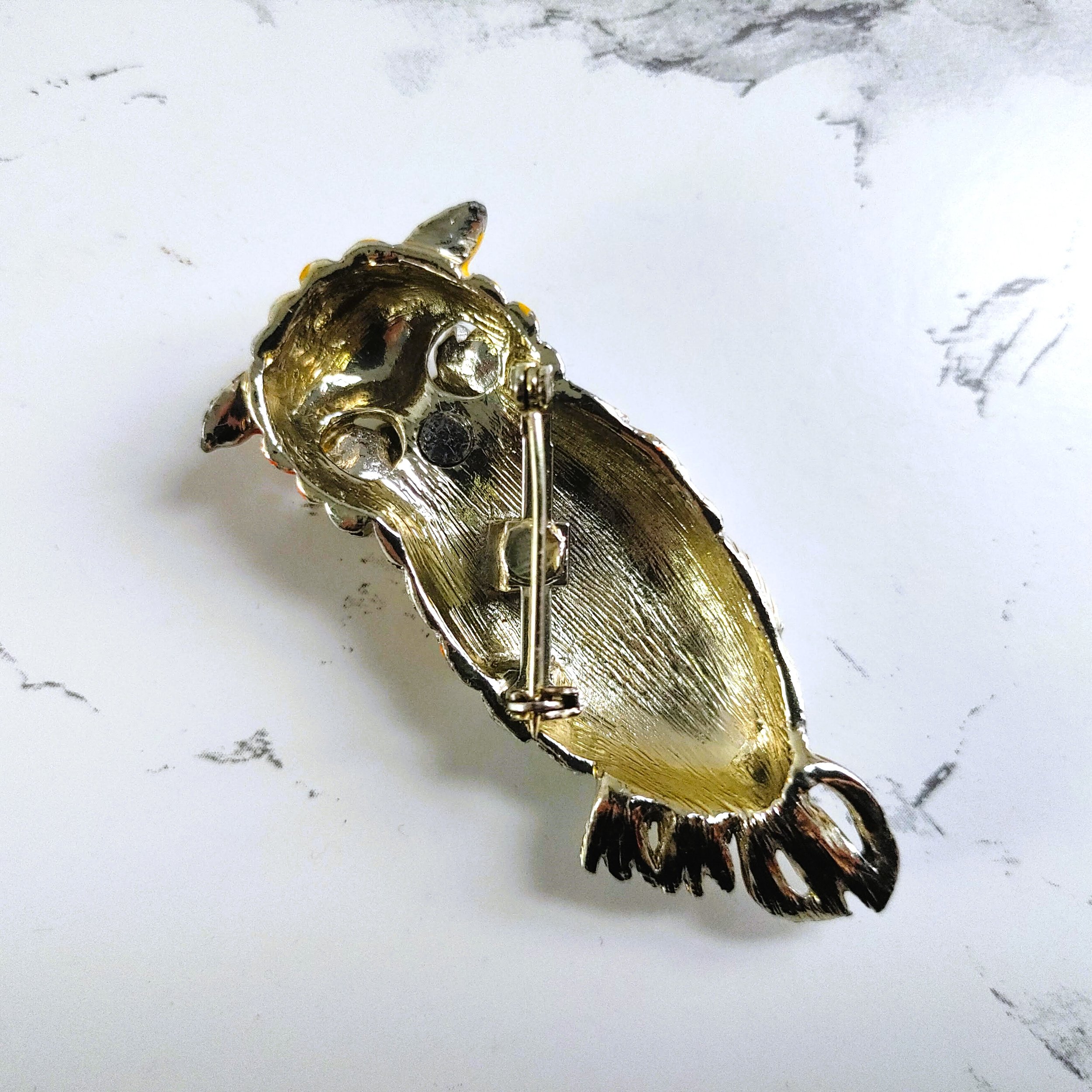 Vintage Enamel Owl Brooch - Vibrant Colors & Rhinestone Eyes