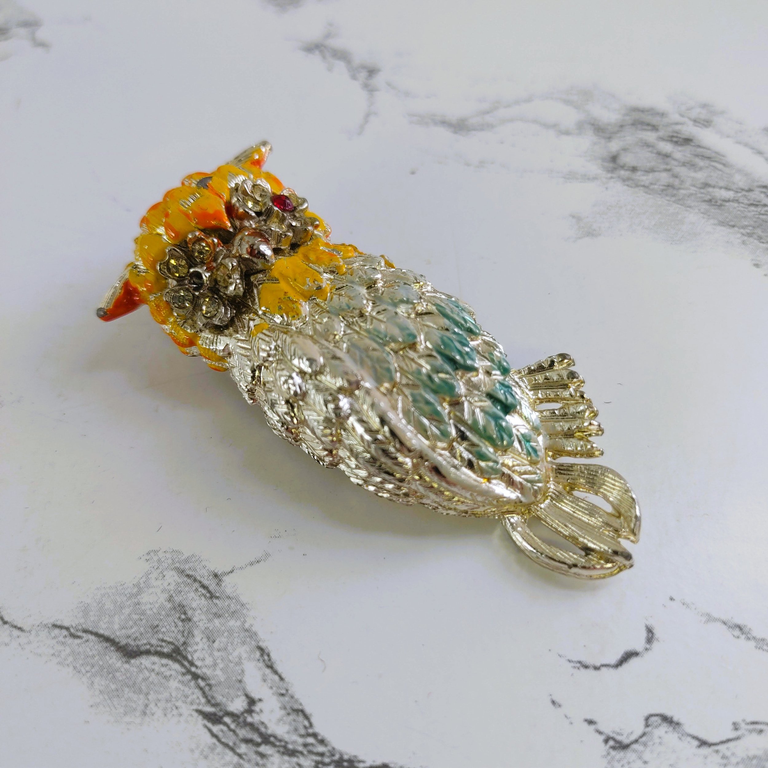 Vintage Enamel Owl Brooch - Vibrant Colors Red Rhinestone (Missing stone)