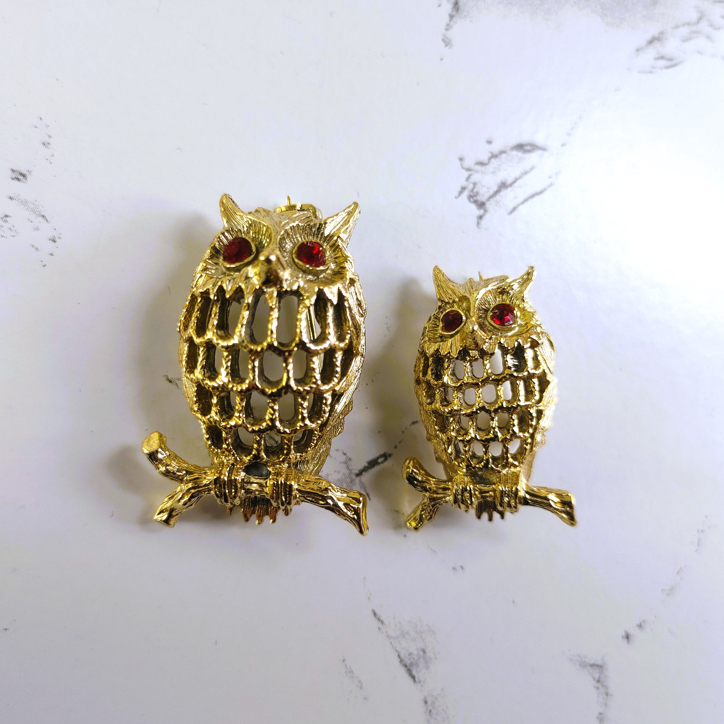 Vintage Gerry's Gold Tone Owl Brooch Pins with Red Rhinestone Eyes (Lot of 2)