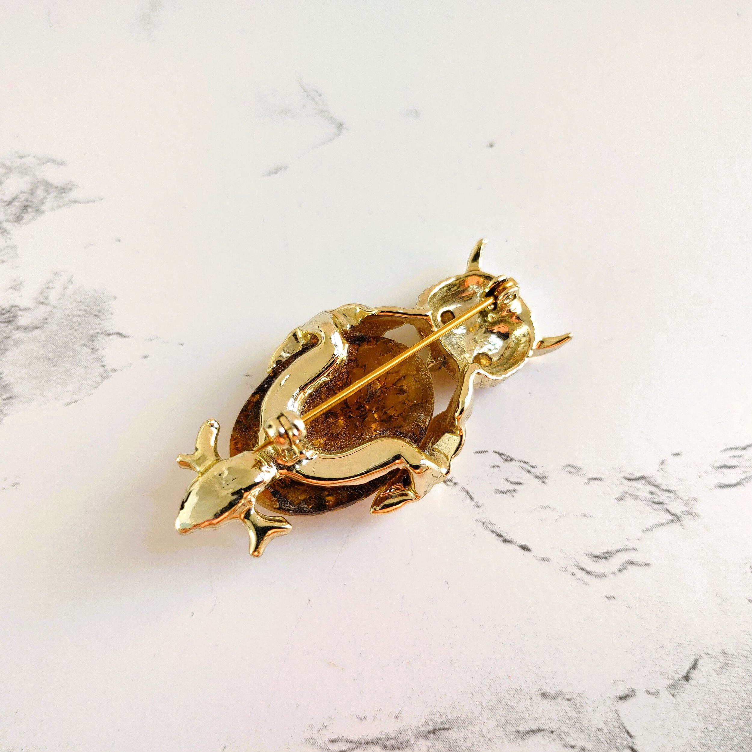 Vintage Gold-Tone Owl Brooch with Sparkling Orange Rhinestones