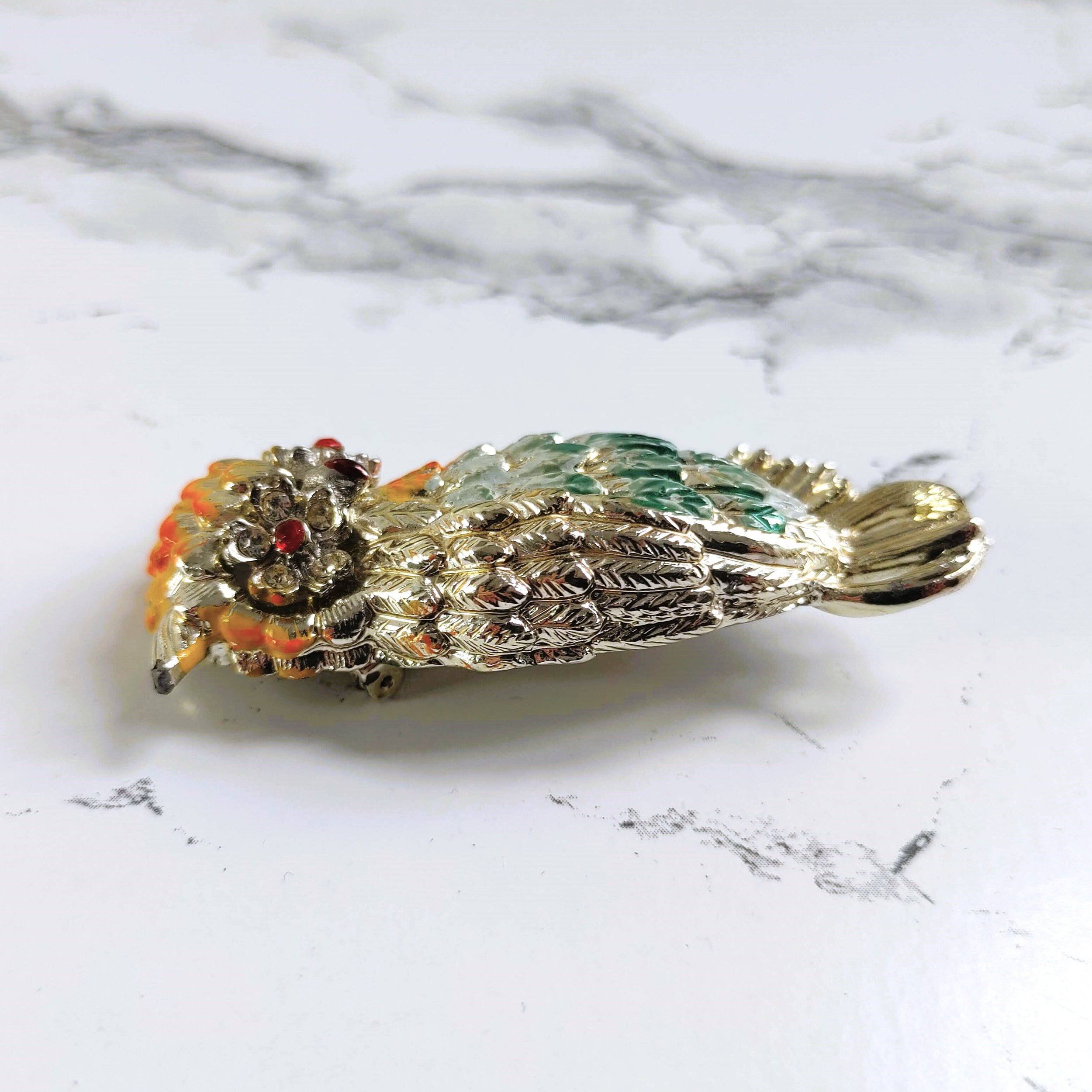 Vintage Enamel Owl Brooch - Vibrant Colors & Rhinestone Eyes