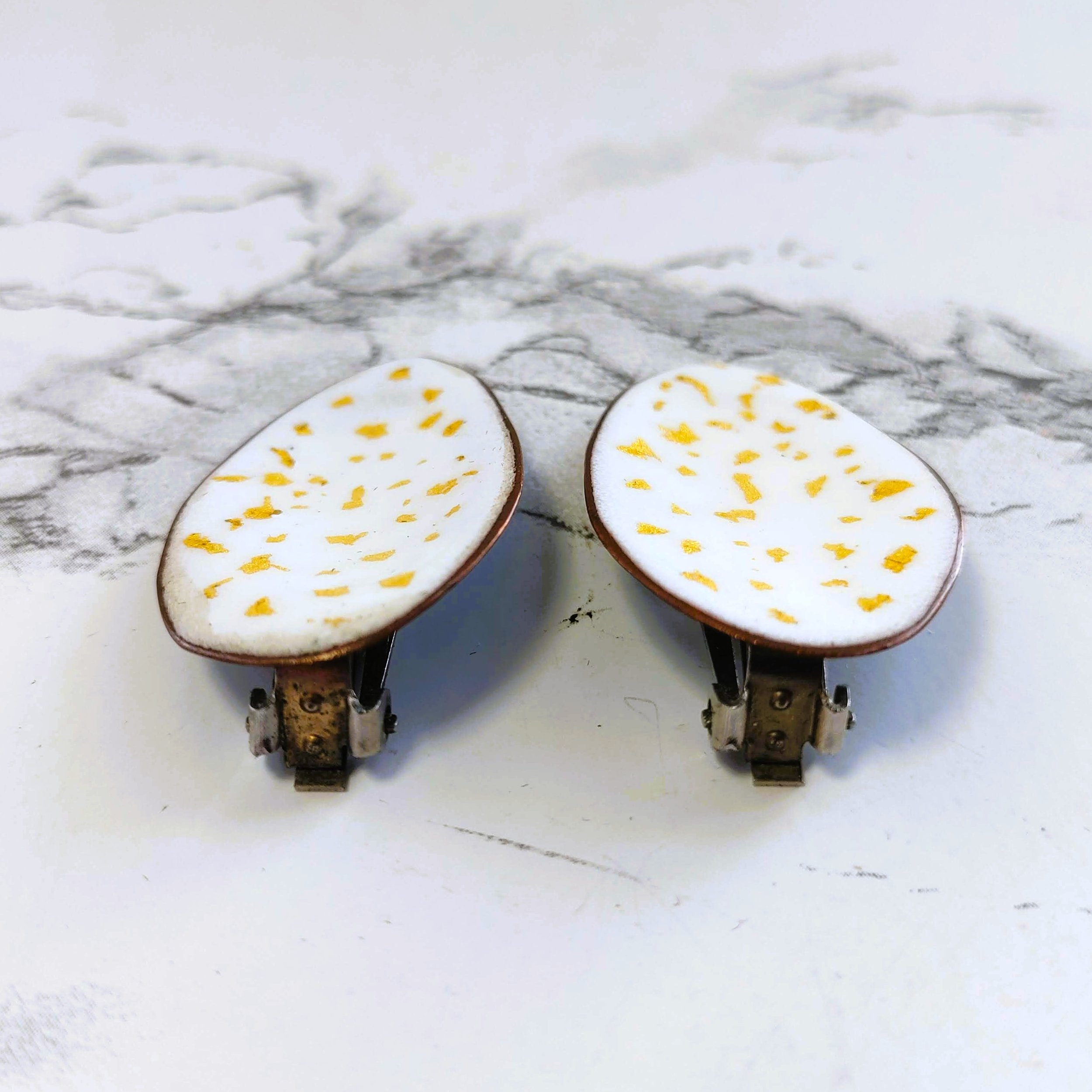 Vintage Oblong White Enamel and Gold Leaf Clip-On Earrings