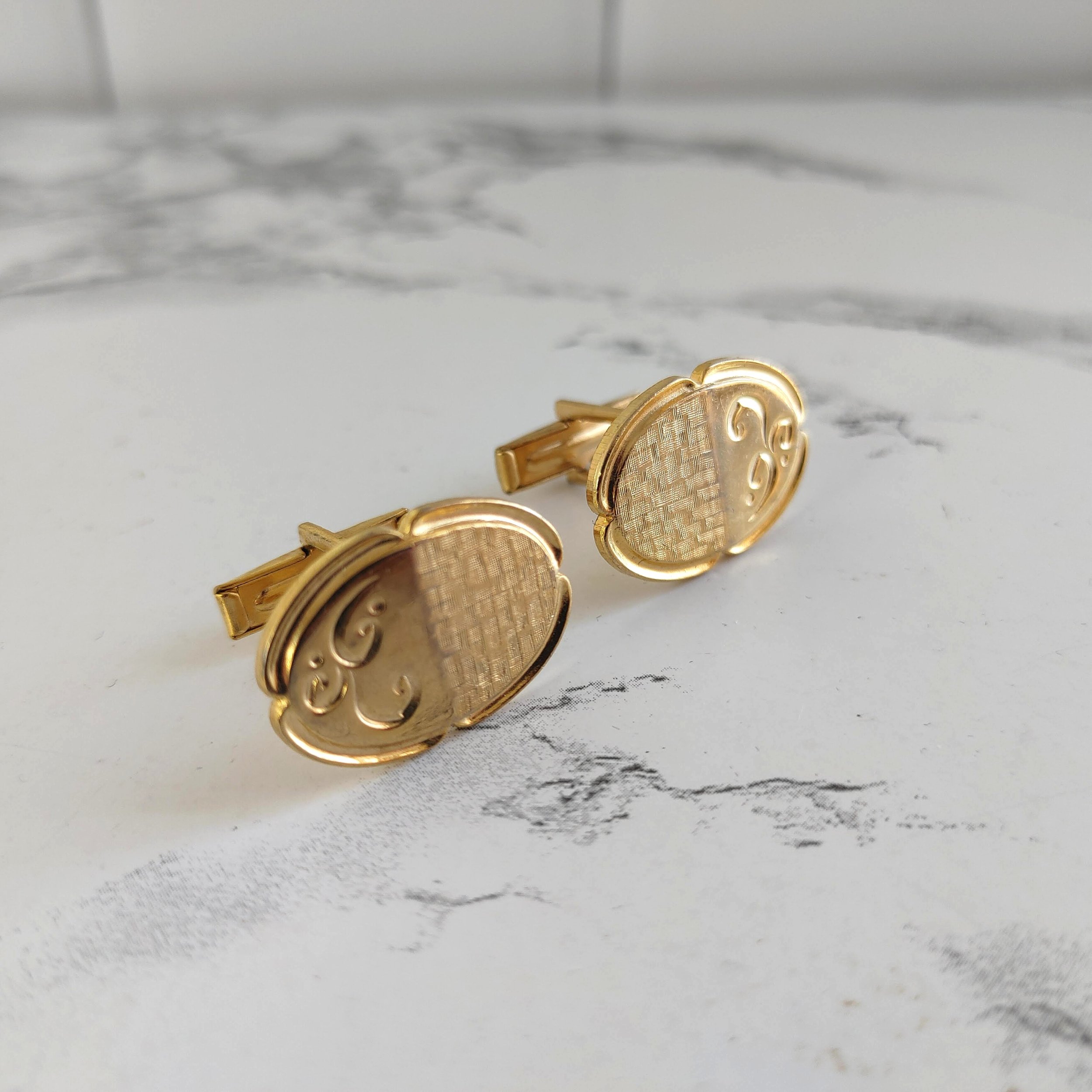 Vintage Gold-Tone Oval Cufflinks with Etched Detail - Circa 1950s