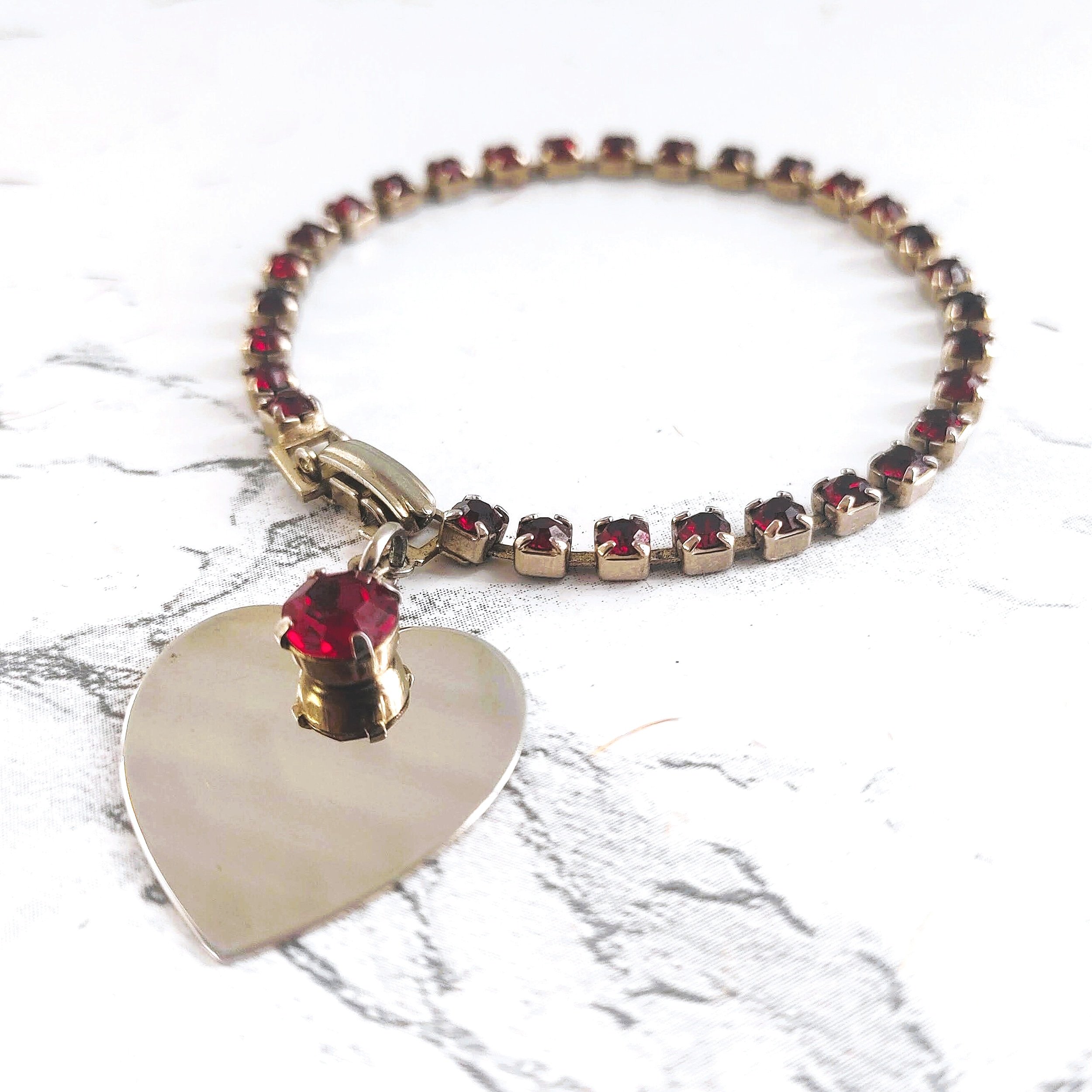 Vintage Red Rhinestone Tennis Bracelet with Silver Heart Charm