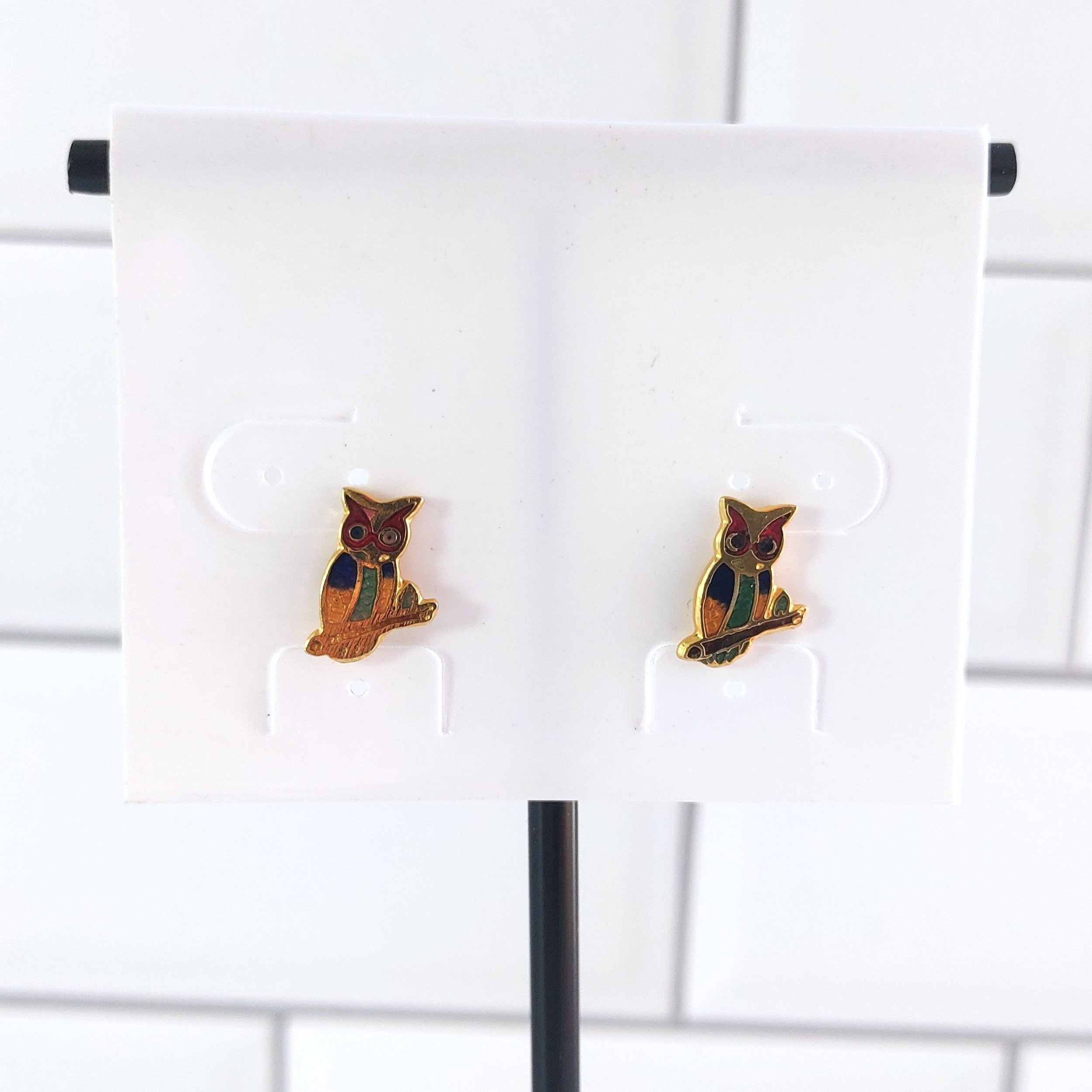 Vintage Gold Tone Owl Earrings with Multicolor Inlay