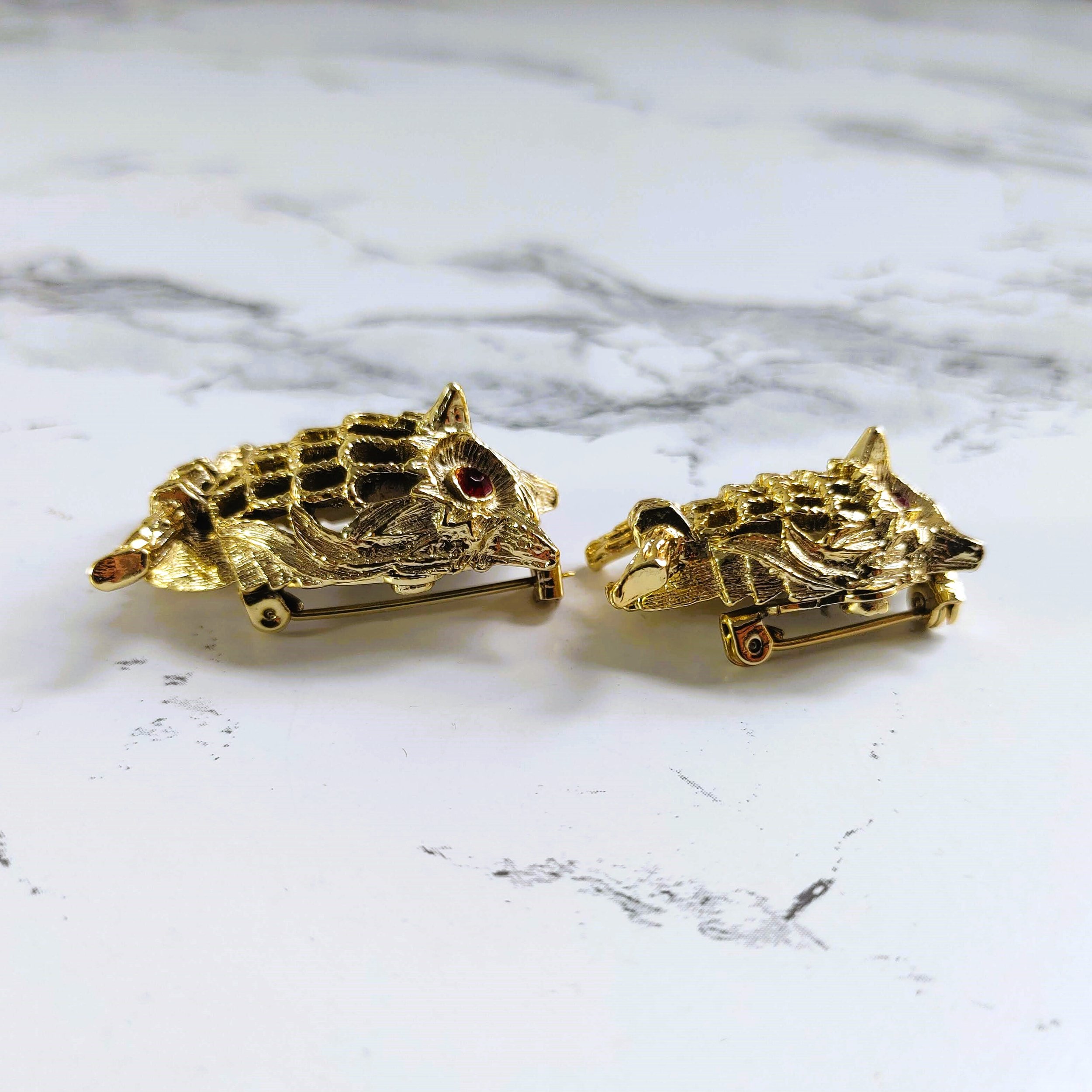 Vintage Gerry's Gold Tone Owl Brooch Pins with Red Rhinestone Eyes (Lot of 2)