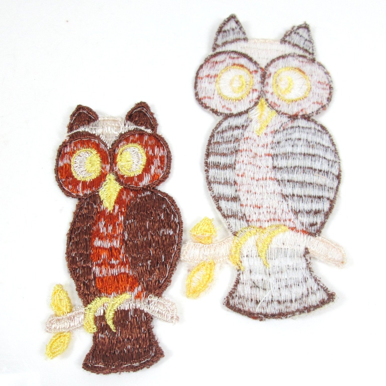 XL Vintage Embroidered Owl Sew On Patch Set of 2 Brown and Orange