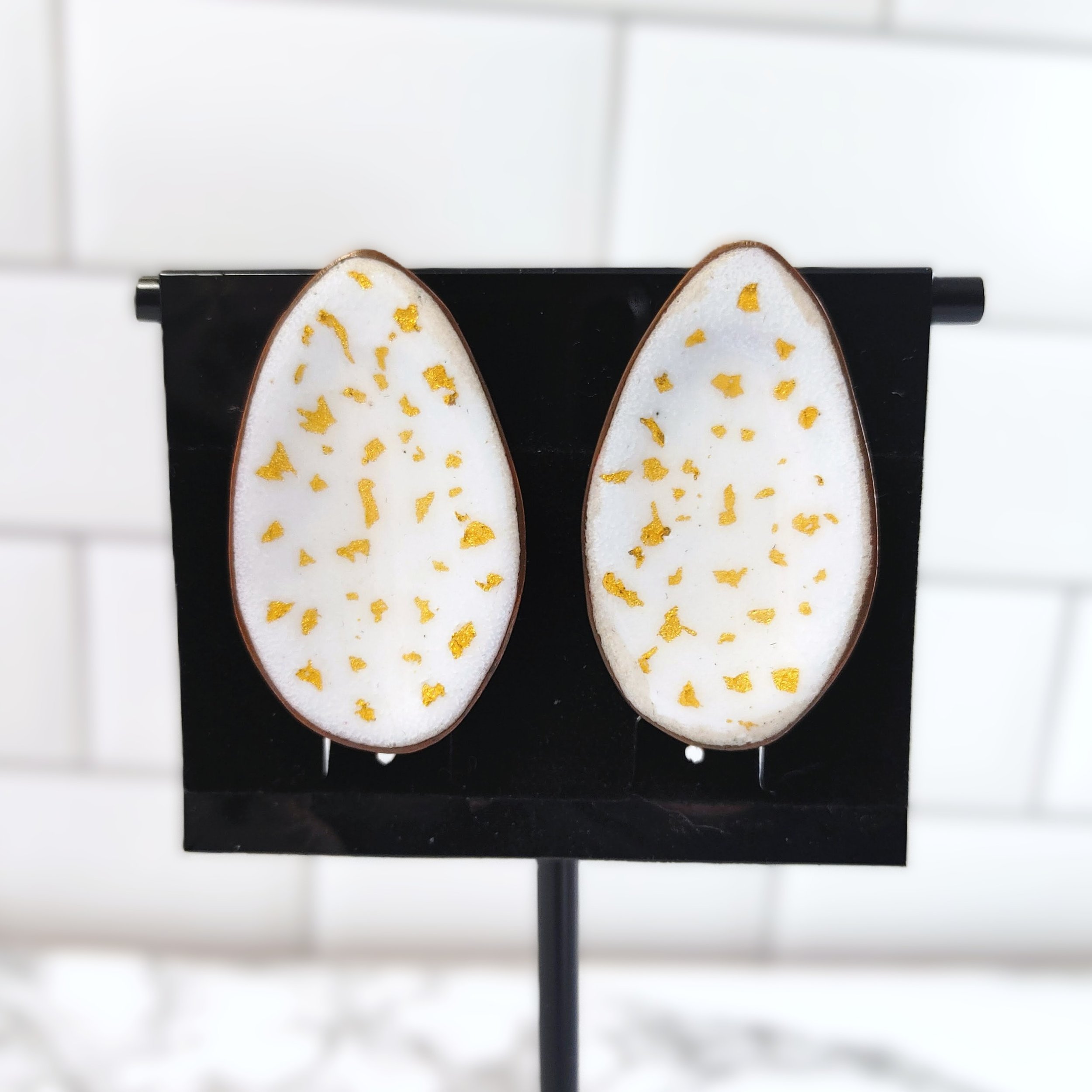 Vintage Oblong White Enamel and Gold Leaf Clip-On Earrings