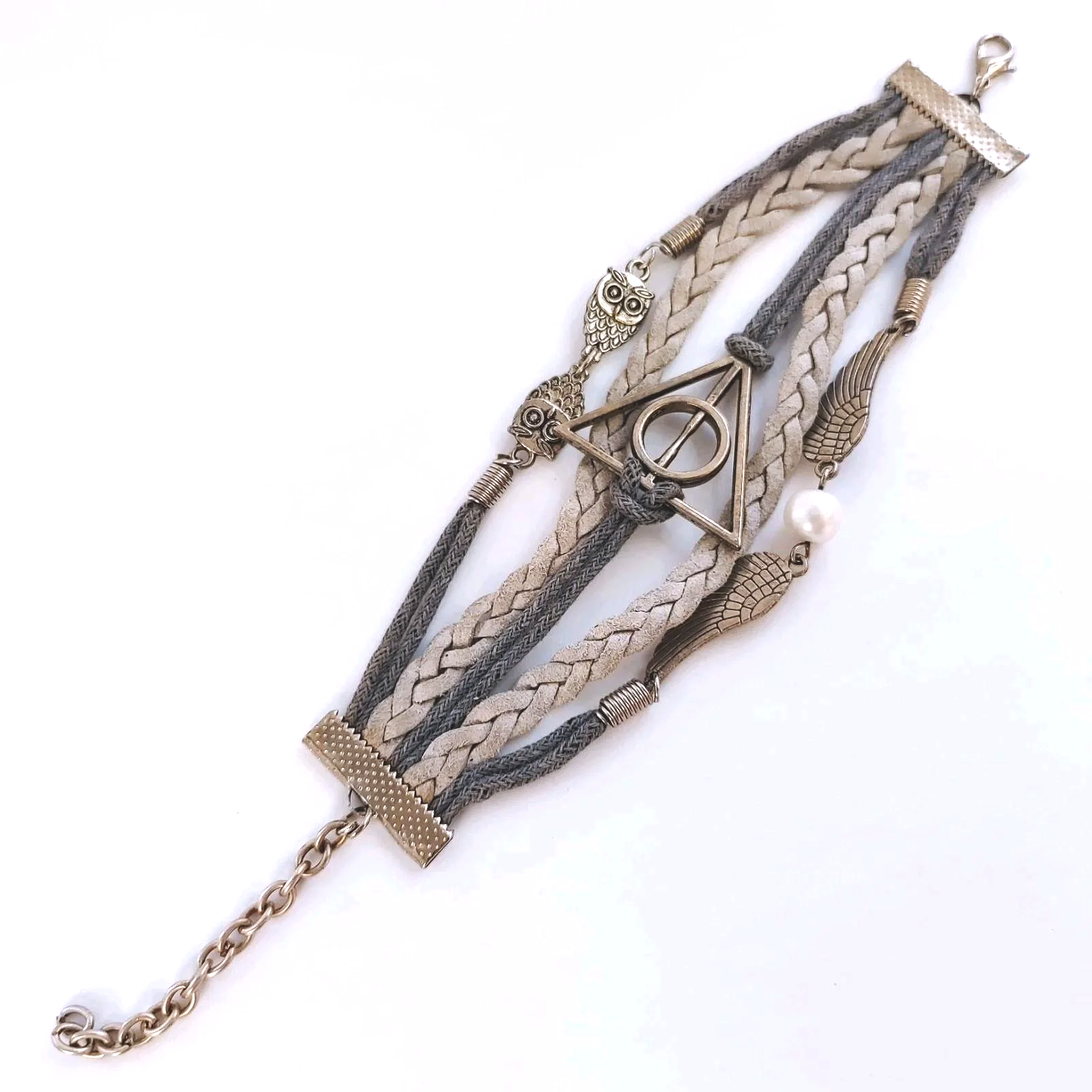 Harry Potter Inspired Bracelet Deathly Hallows Golden Snitch Owl Charm Gray