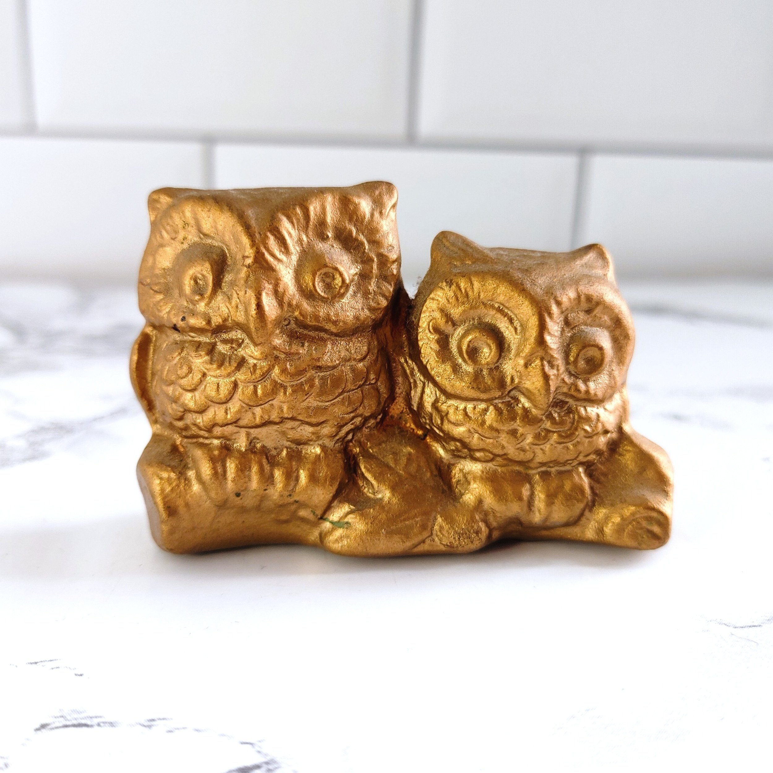 Vintage Owl Figurine Gold Couple on Log