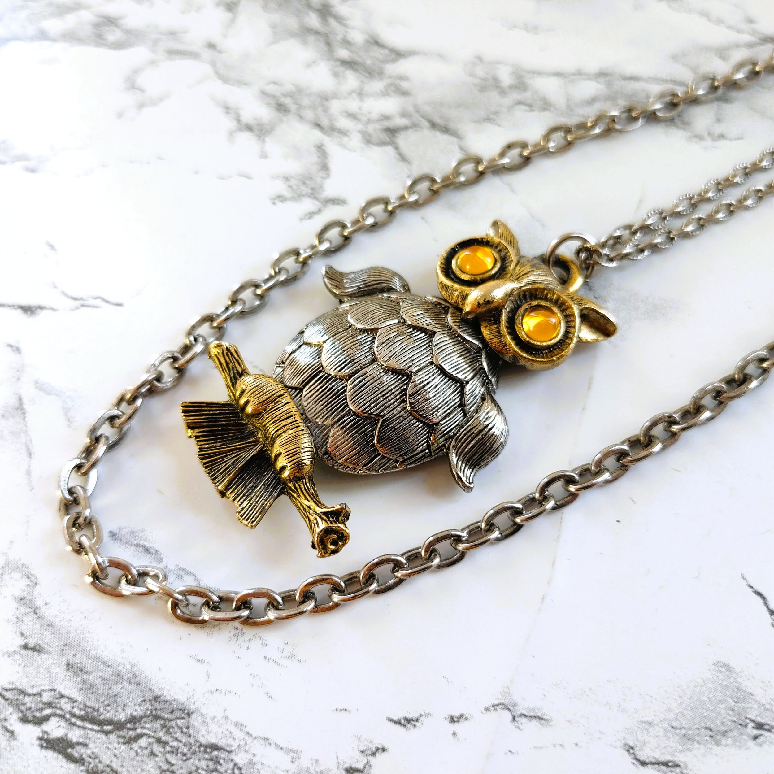 Vintage Articulated Owl Necklace with Two-Tone Design & Double Chain