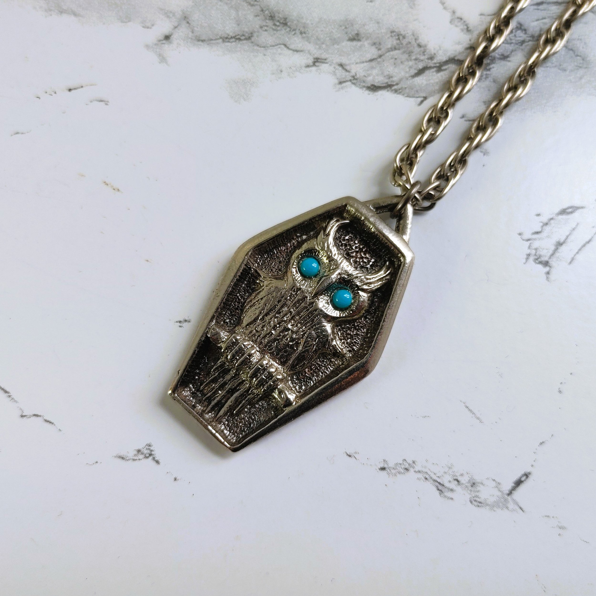 Vintage J. Ritter Owl Necklace - Silver Tone with Turquoise Eyes
