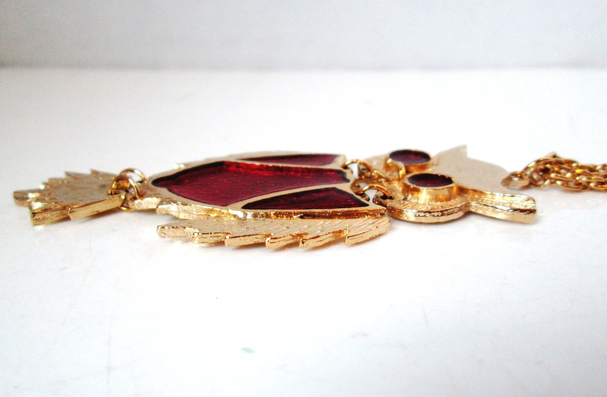 Vintage Owl Necklace Articulated Gold-tone Red Enamel Shield