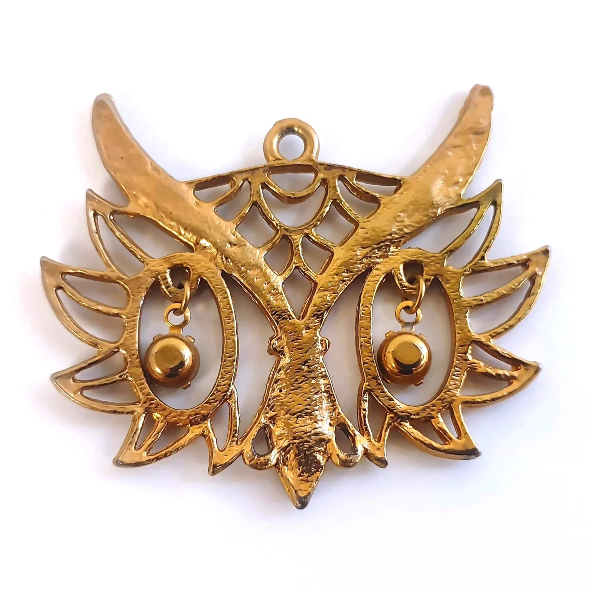 Vintage Art Deco Owl Pendant: Dangle Eyes, Gold & Rhinestones