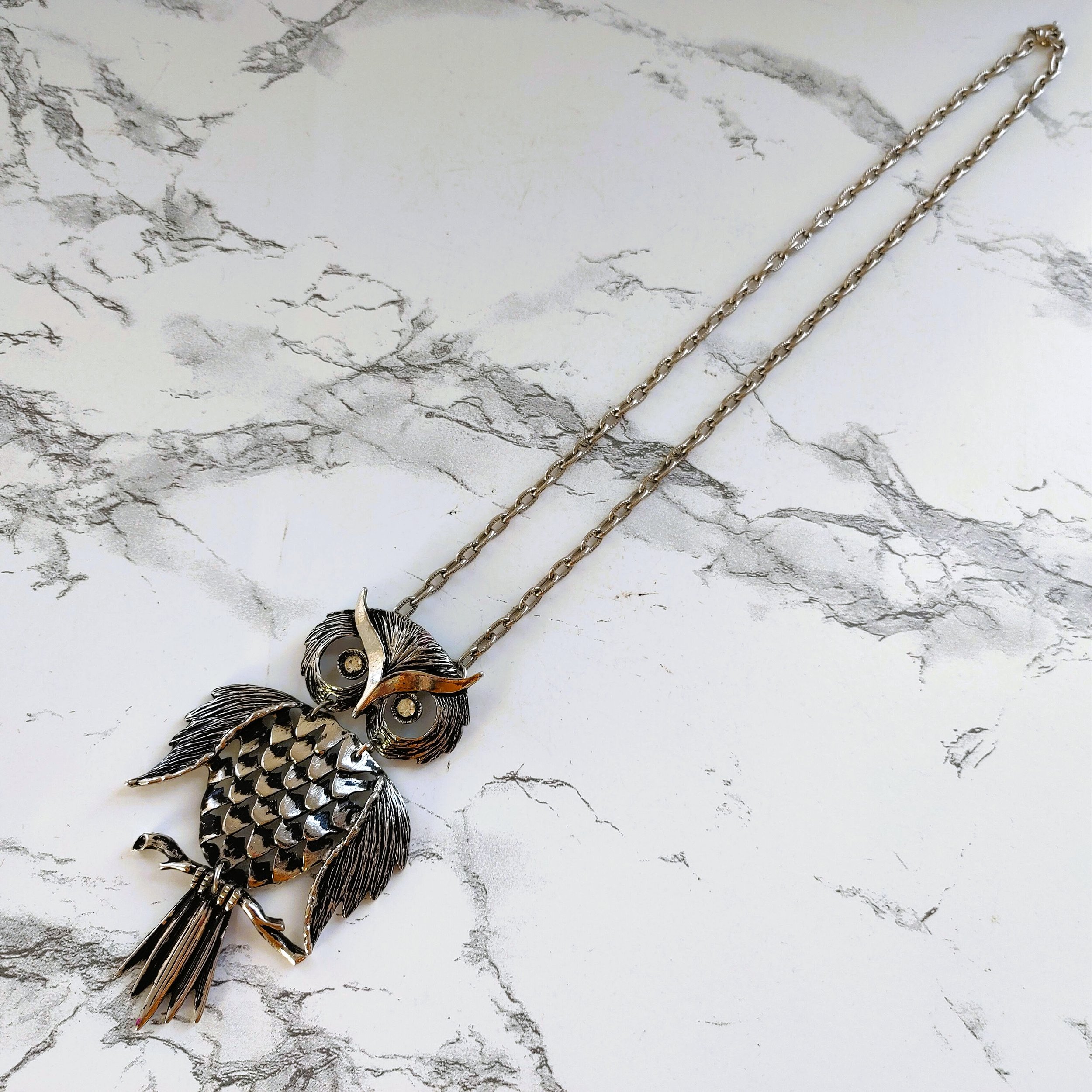Vintage Articulated Owl Necklace Silver Tone Horned Owl
