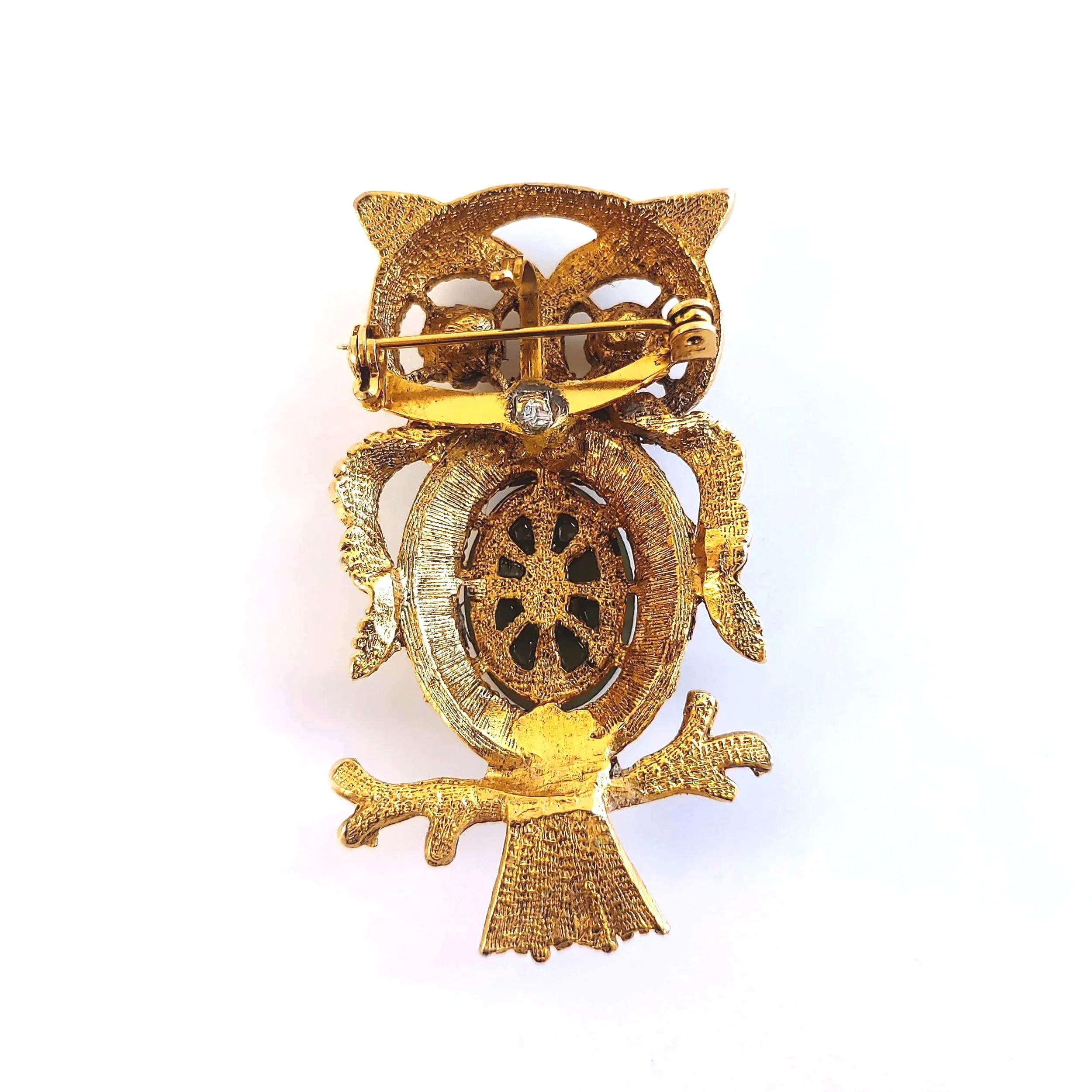 Vintage 1970s Gold-Tone Owl Brooch/Pendant with Green Accents