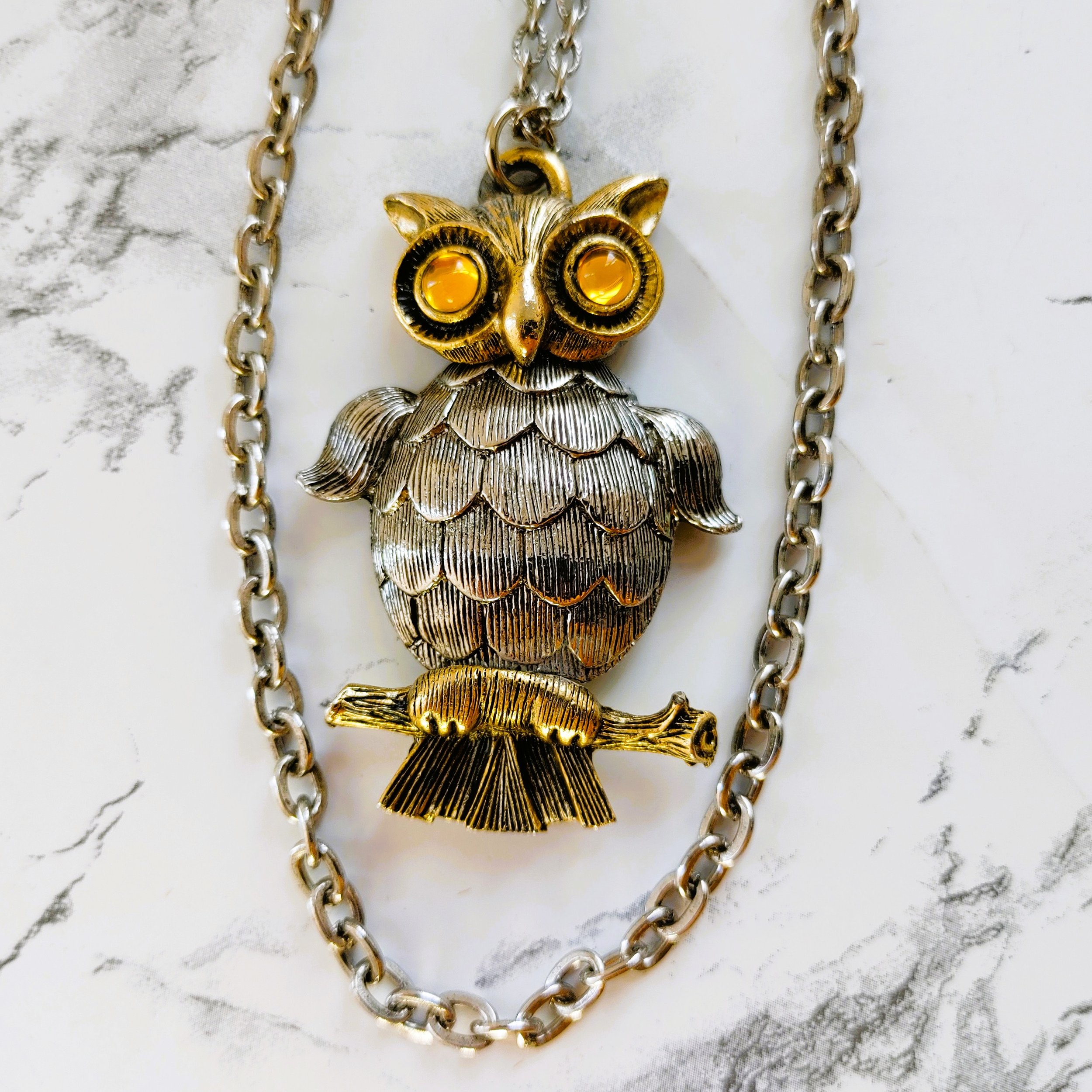 Vintage Articulated Owl Necklace with Two-Tone Design & Double Chain