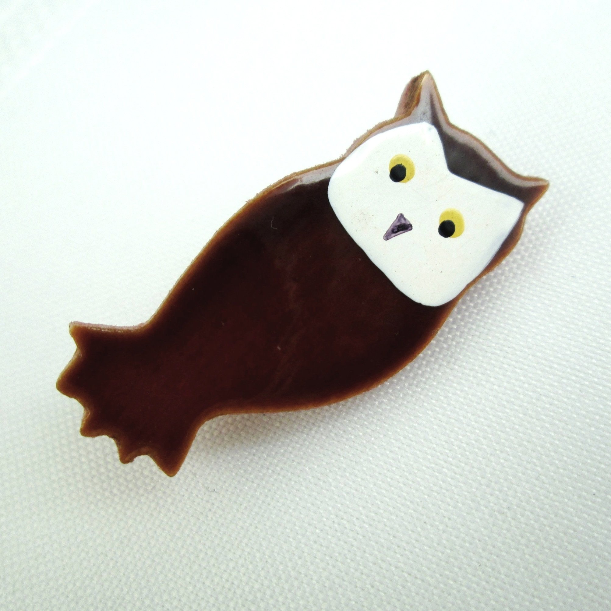 Vintage Brown Wooden Owl Pin - Hand-Painted Owl Jewelry