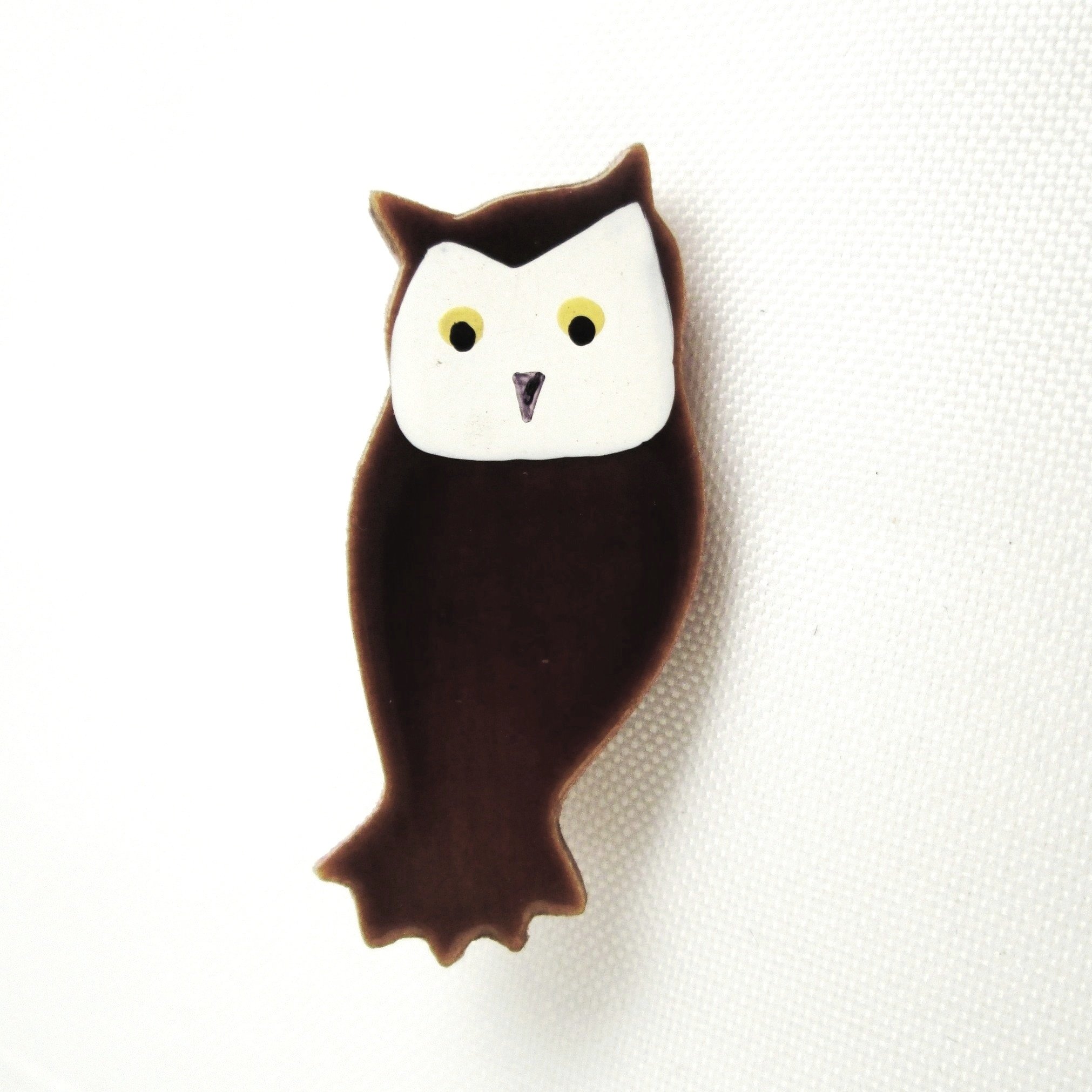 Vintage Brown Wooden Owl Pin - Hand-Painted Owl Jewelry