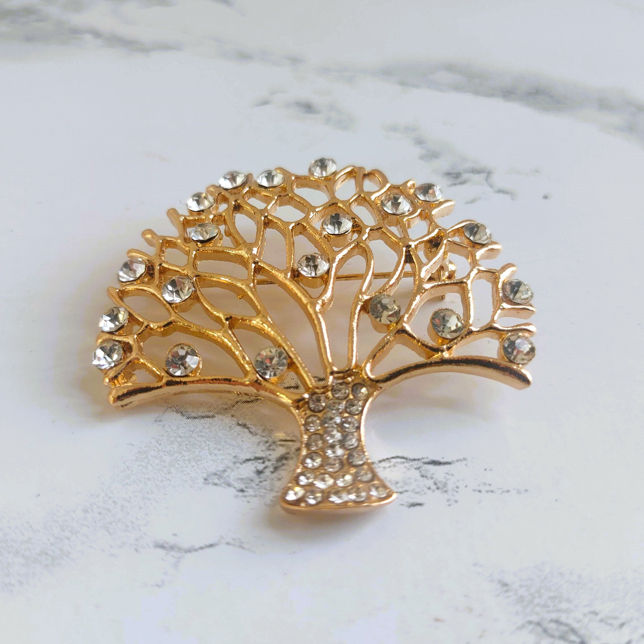 Vintage Gold Tree of Life Brooch with Clear Rhinestones