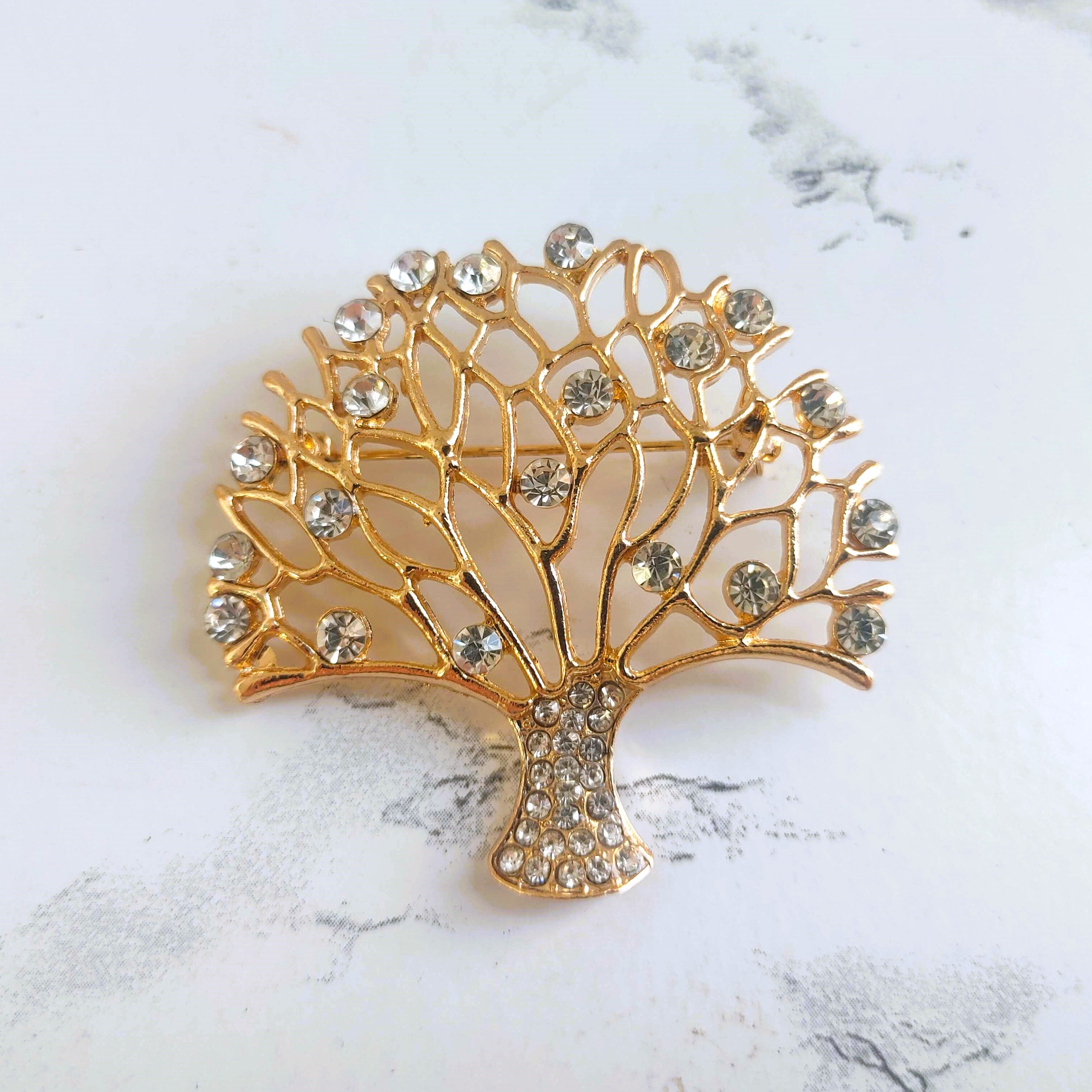 Vintage Gold Tree of Life Brooch with Clear Rhinestones
