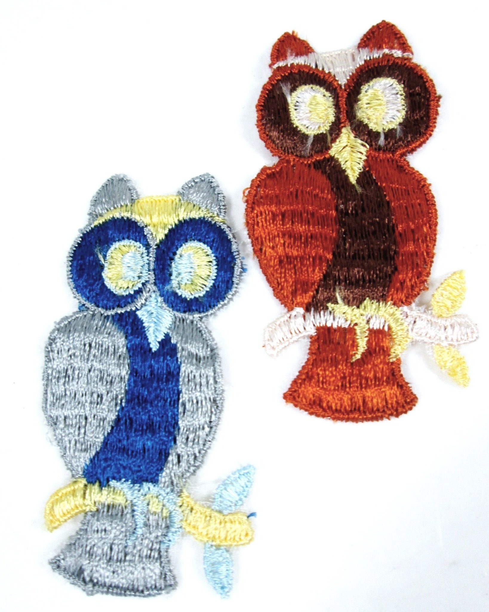 Vintage Embroidered Owl Sew On Patch Set of 2 Brown and Blue