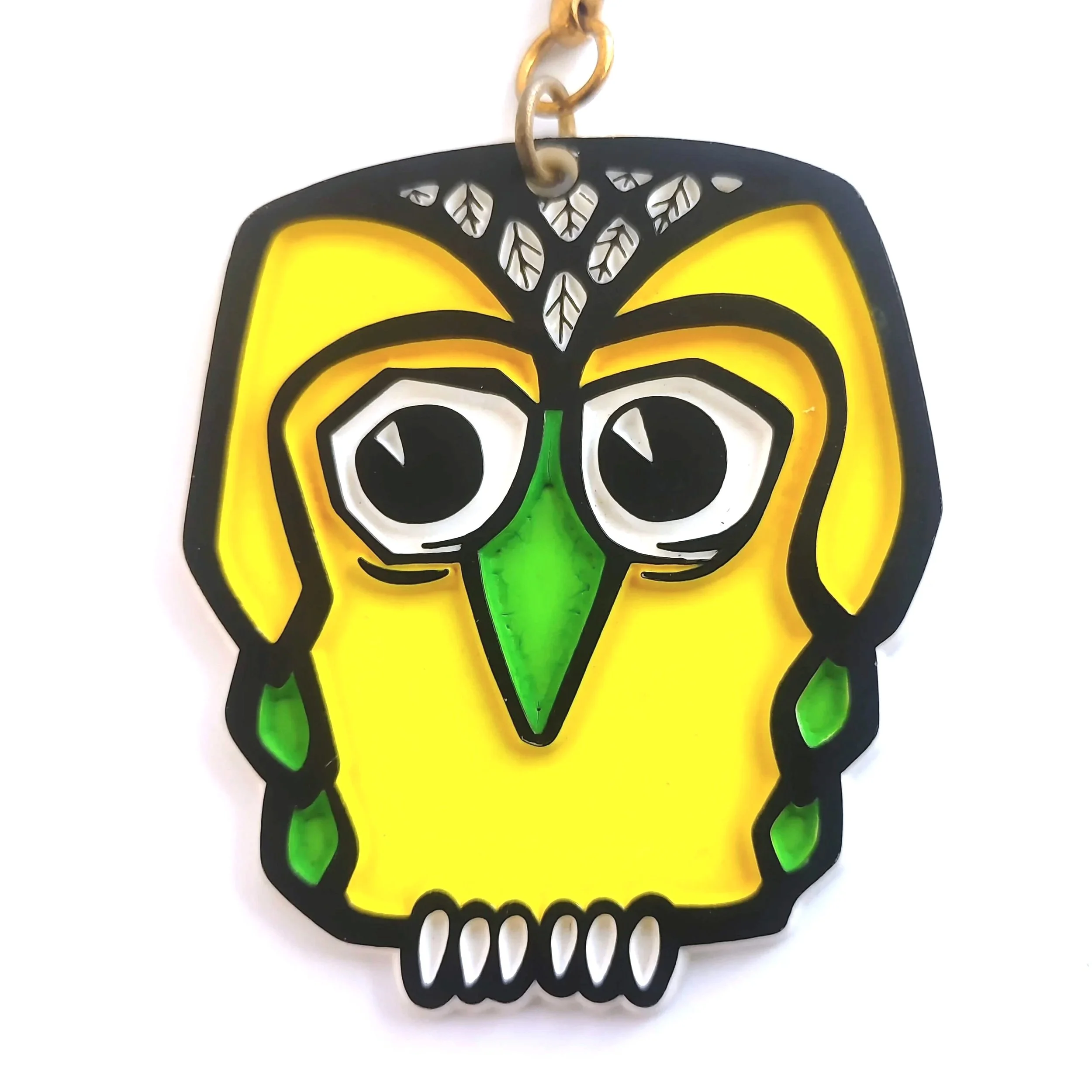 Vintage Plastic Owl Keychain in Yellow and Green