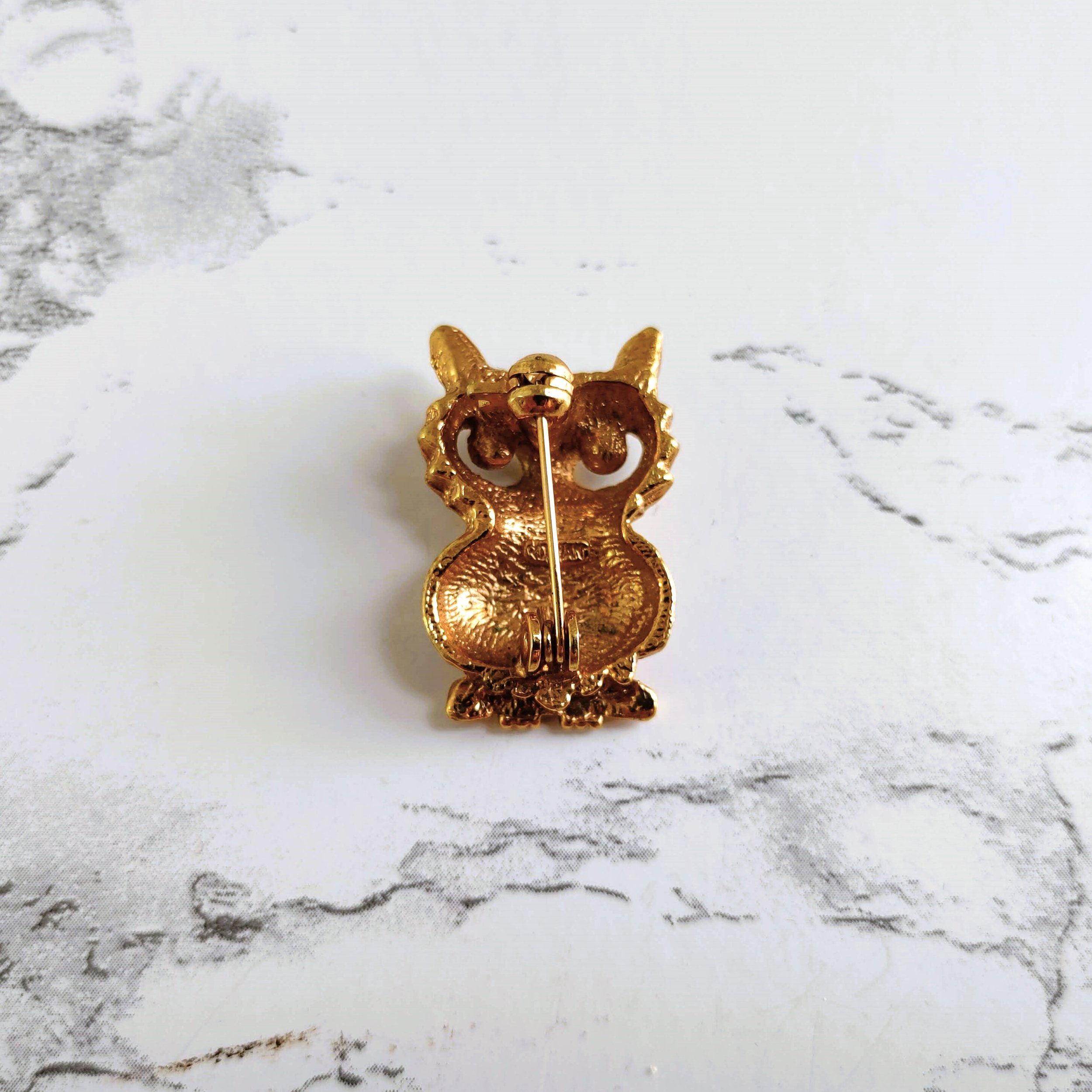 Vintage Owl Brooch Emerald Green Rhinestones Pave Setting by Roman