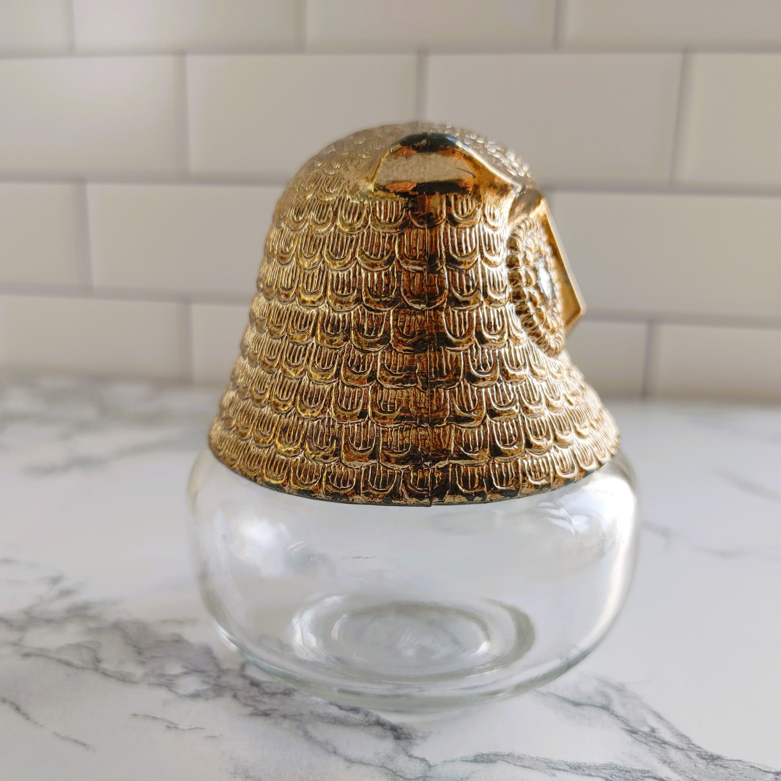 Vintage Avon Owl Bottle Decanter Glass Gold Tone Plastic